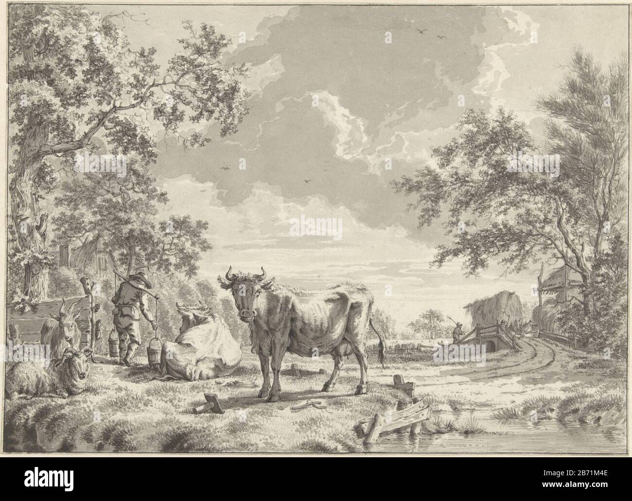 Landschap met vee Landscape with vee Object Type : Drawing Object Number: RP-T 1918-483 Manufacturer : artist: John Jelgerhuis Dating: 1787 Caratteristiche Fisiche: Pennello in grigio, gesso nero materiale: Gesso carta Tecnica: Dimensioni spazzola: H 285 mm × W 395 mm Foto Stock