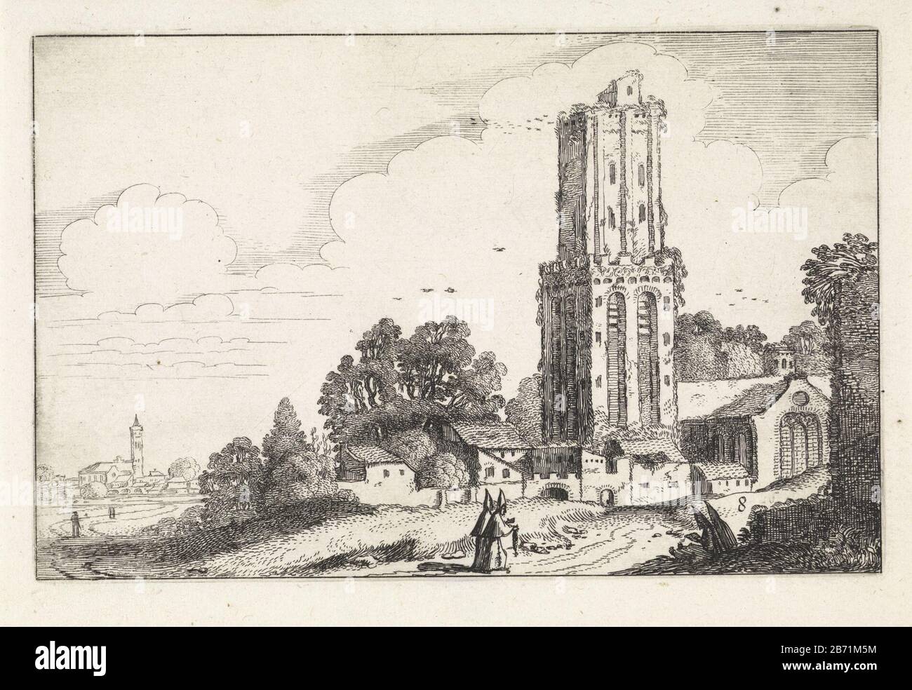 Landschap met vervallen kerktoren Landschappen (serietitel) Amenissimae aliquot requculae (serietitel) Clerics su un sentiero per una chiesa in rovina. Sinistra nel villaggio di sfondo. Ottava immagine della parte quattro di una serie di un totale di sessanta stampe di paesaggi, diviso in cinque parti, ciascuna dodici prenten. Produttore : stampatore Jan van de Velde (II) nella sua progettazione: Jan van de Velde (II) Luogo di fabbricazione : Paesi Bassi del Nord Data: 1616 caratteristiche Fisiche: Materiale di incisione: Tecnica della carta: Dimensioni di incisione: Bordo della lastra: H 120 mm × W 190 mmToelichtingOorspronkelijk ha formato i primi stati Foto Stock