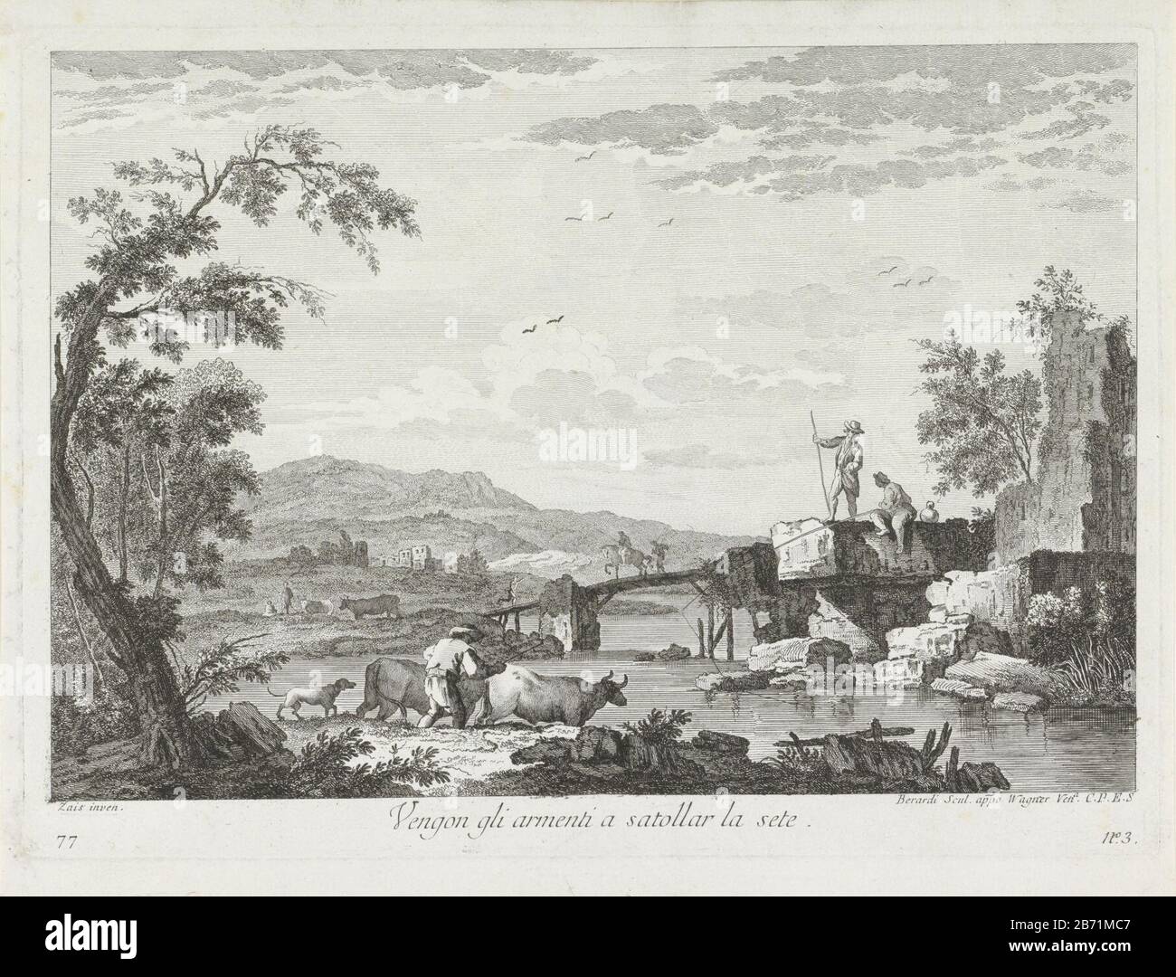Landschap ha incontrato vissers en herder ha incontrato kudde bij rivier Vengon gli armi a satollar la sete (titel op object) un paesaggio con un pastore con i suoi buoi in un fiume. Due pescatori si affacciano direttamente sul lungomare. Sullo sfondo, un cavaliere e una figura che camminano su un ponte. Numerato in basso a sinistra: 77 e in basso a destra: N. 3. Produttore : stampatore Fabio Berardi (proprietà in elenco) progettato da Giuseppe Zais (edificio in elenco) editore Joseph Wagner (proprietà in elenco) Luogo di produzione: Stampatore: Italia Editore: Venezia Data: 1738 - 1767 caratteristiche Fisiche: Acquaforte materiale: Tecnica della carta: Acquaforte dimen Foto Stock