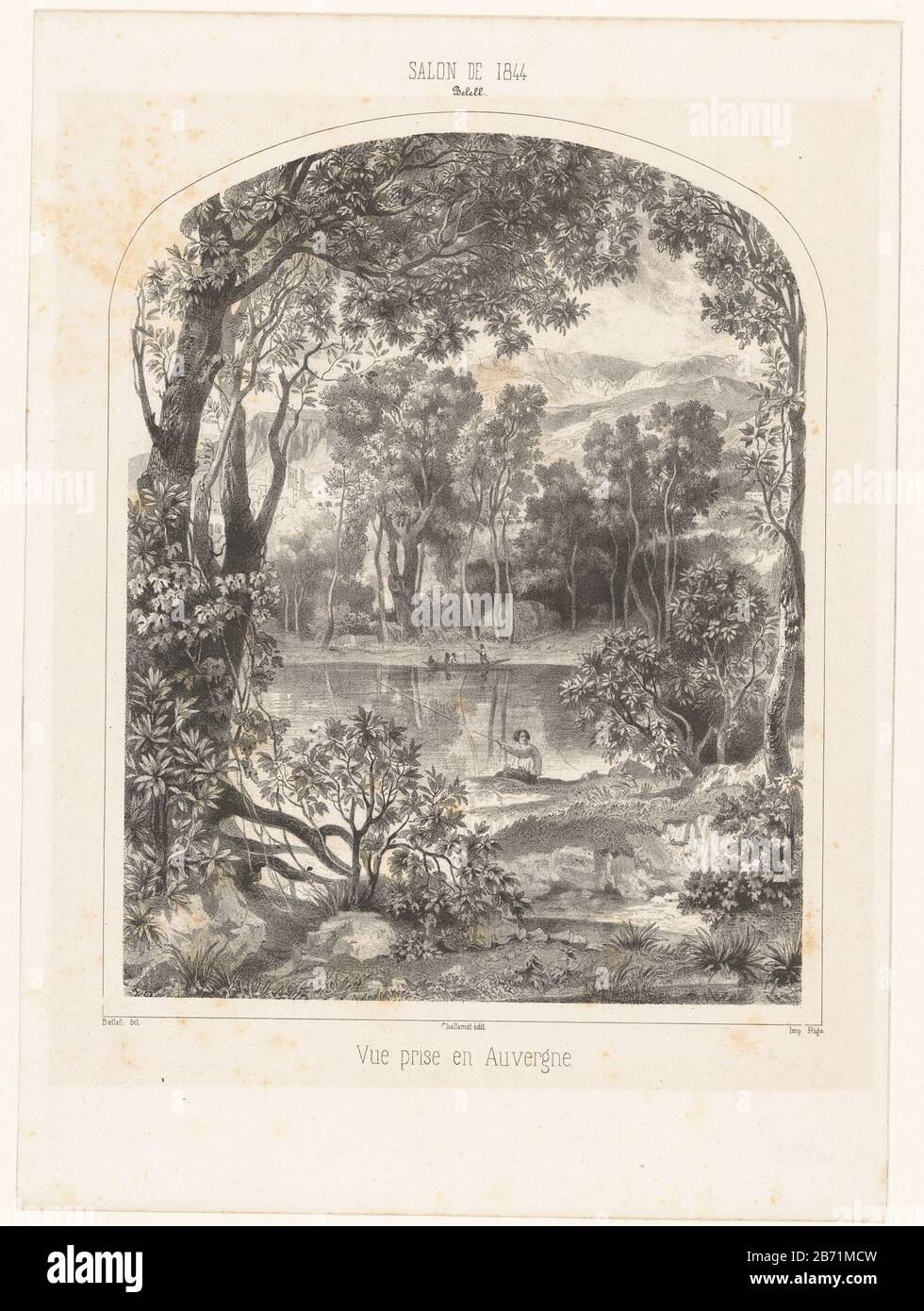 Landschap met vissers bij een meer Vue pry en Auvergne (titel op object) Salon van 1844 (seriettel) Landschap met vissers bij een meerVue pry en Auvergne (titel op object)Salon van 1844 (seriettel) Object Type : prent Objectnummer: RP-P-1943-695 Iscrizioni / Merken: Collector's mark , verso, gesteld fabbricante: Lugempt 2228a : Lugeld : Lugeld : Pentmaker: Jean Joseph François Bellel (vermeld op object)naar eigen ontwerp van: Jean Joseph François Bellel (vermeld op object)drukker: Rigo (vermeld op object)uitgever: Augustin Challamel (vermeld op object)Plats manufacture: Parijs: 1844 Materiale: Foto Stock