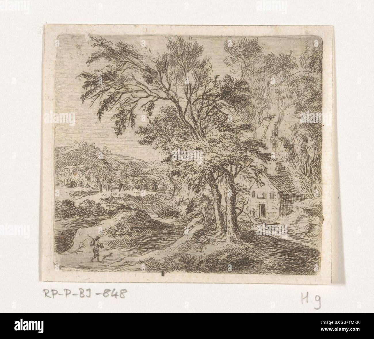 Landschap met wandelaar op weg naar een huis Bergachtig landschap met bomen. Een wandelaar met zijn hond loopt naar een huis tep. Produttore : Pentmaker: Willem von Bemmelnaar eigen ontwerp van: Willem von BemmelPlats fabbricante: Duitsland (mogelijk) datazione: 1645 - 1655 kenmerken Fisico: ETS Materiale: Papier Techniek: Etsen dimensioni: Plaatland: H 79 mm × b 88 mm Oggetto: Doglandscapes nella zona temperata Foto Stock