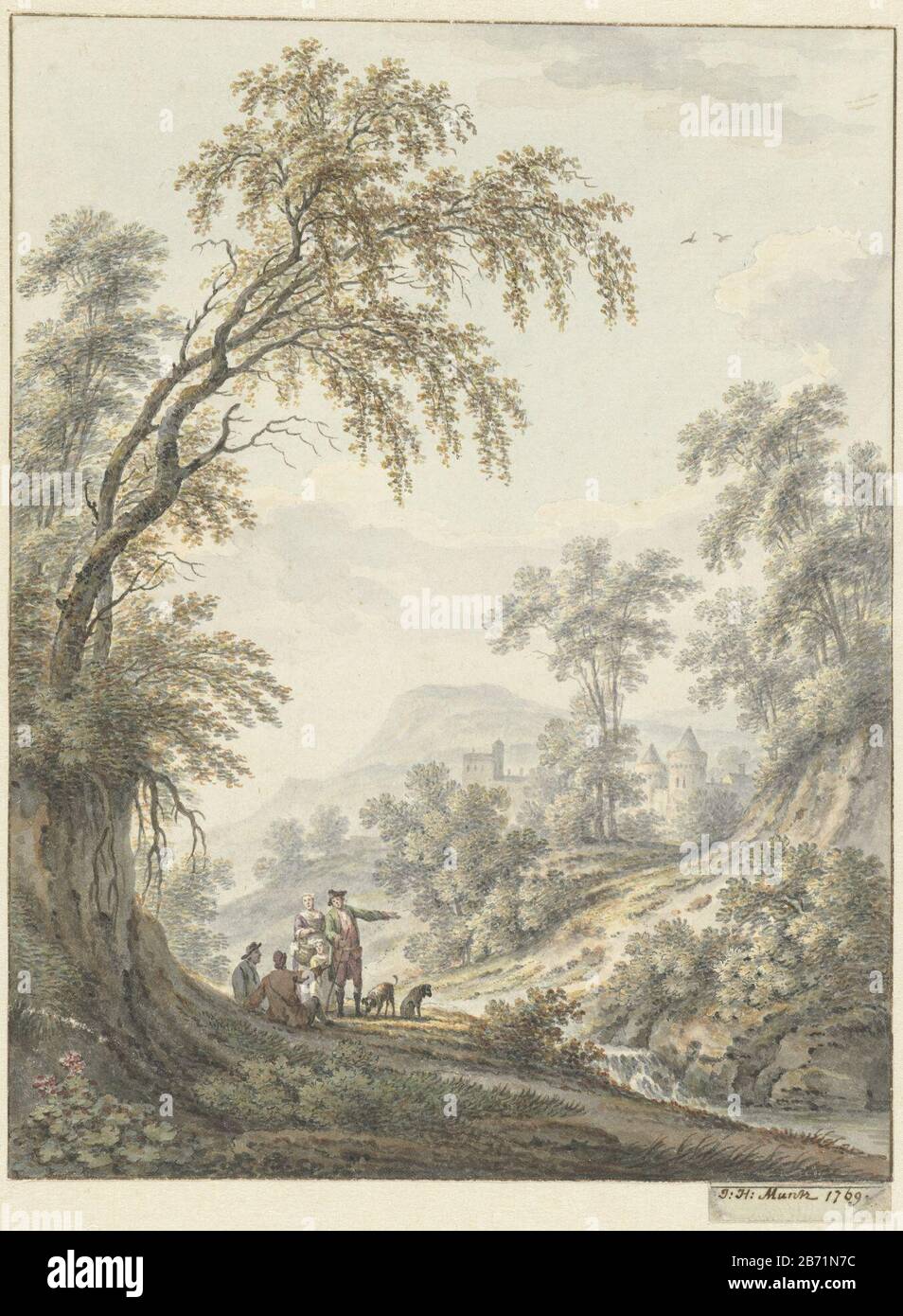 Landschap met watervalletje en in de verte een kasteel Paesaggio con cascata e in lontananza un castello tipo di oggetto: Disegno acquerello numero Oggetto: RP-T-1921-242 Produttore : disegnatore: Johann Heinrich Müntz Appuntamenti: 1769 caratteristiche Fisiche: Pennello in acqua colore materiale: Carta acquerello Tecnica: Dimensioni spazzola: H 218 mm × L 167 mm Foto Stock