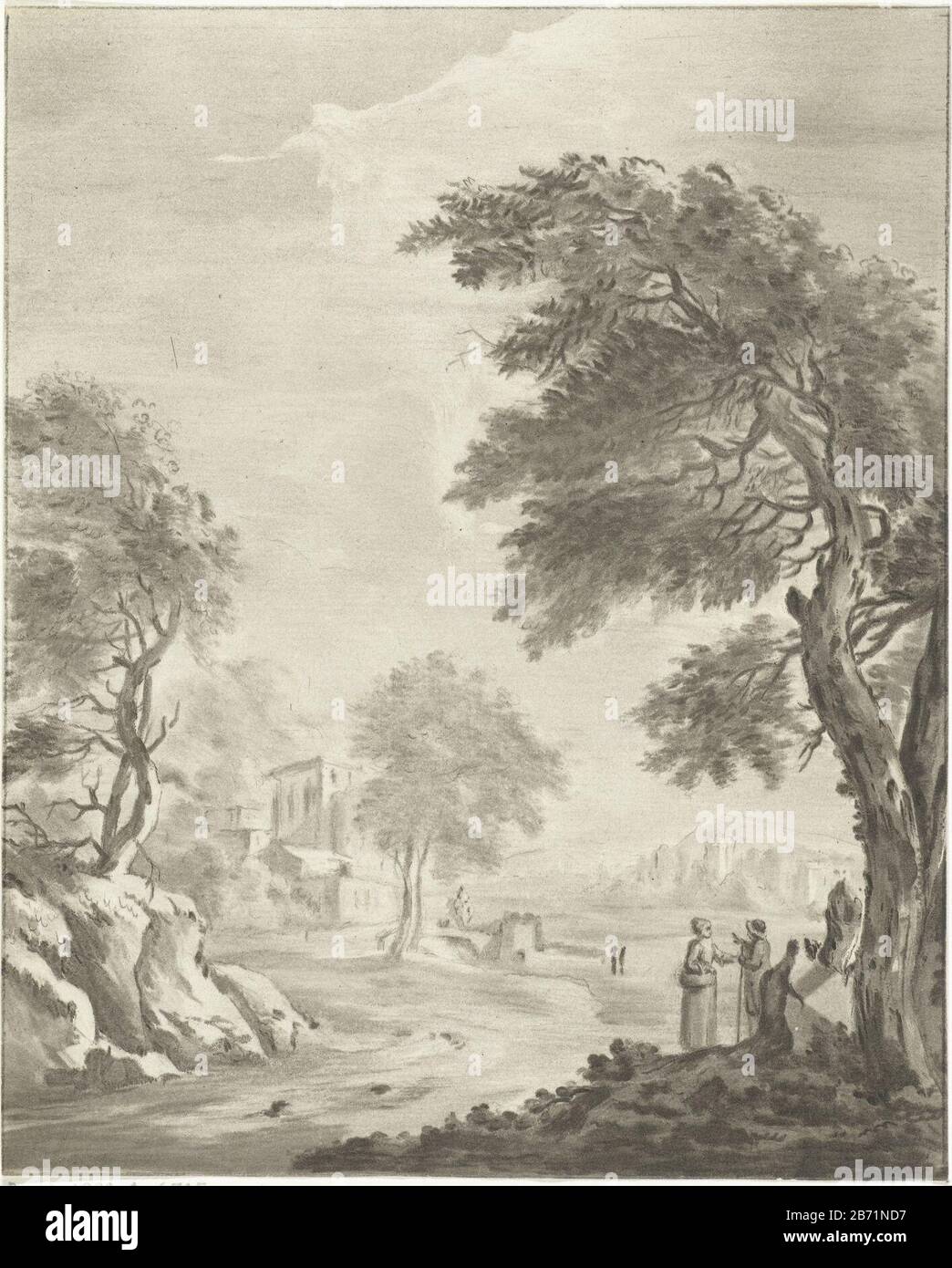 Landschap ha incontrato weg Landscape con i pedoni in primo piano sul lato di una strada. Sullo sfondo il profilo di una città. La strada segue un fiume verso lo stadio. Produttore : stampatore: Jurriaan CootwijckPlats fabbricante: Amsterdam Data: 1724 - 1798 caratteristiche Fisiche: Stampa disegno; materiale di prova: Carta Tecnica: Disegno immagine dimensioni: Foglio: B 156 mm × H 193 mm Oggetto: Foresta, legno (+ paesaggio con figure, bastione) periferia della città - II - ideale città fiume Foto Stock