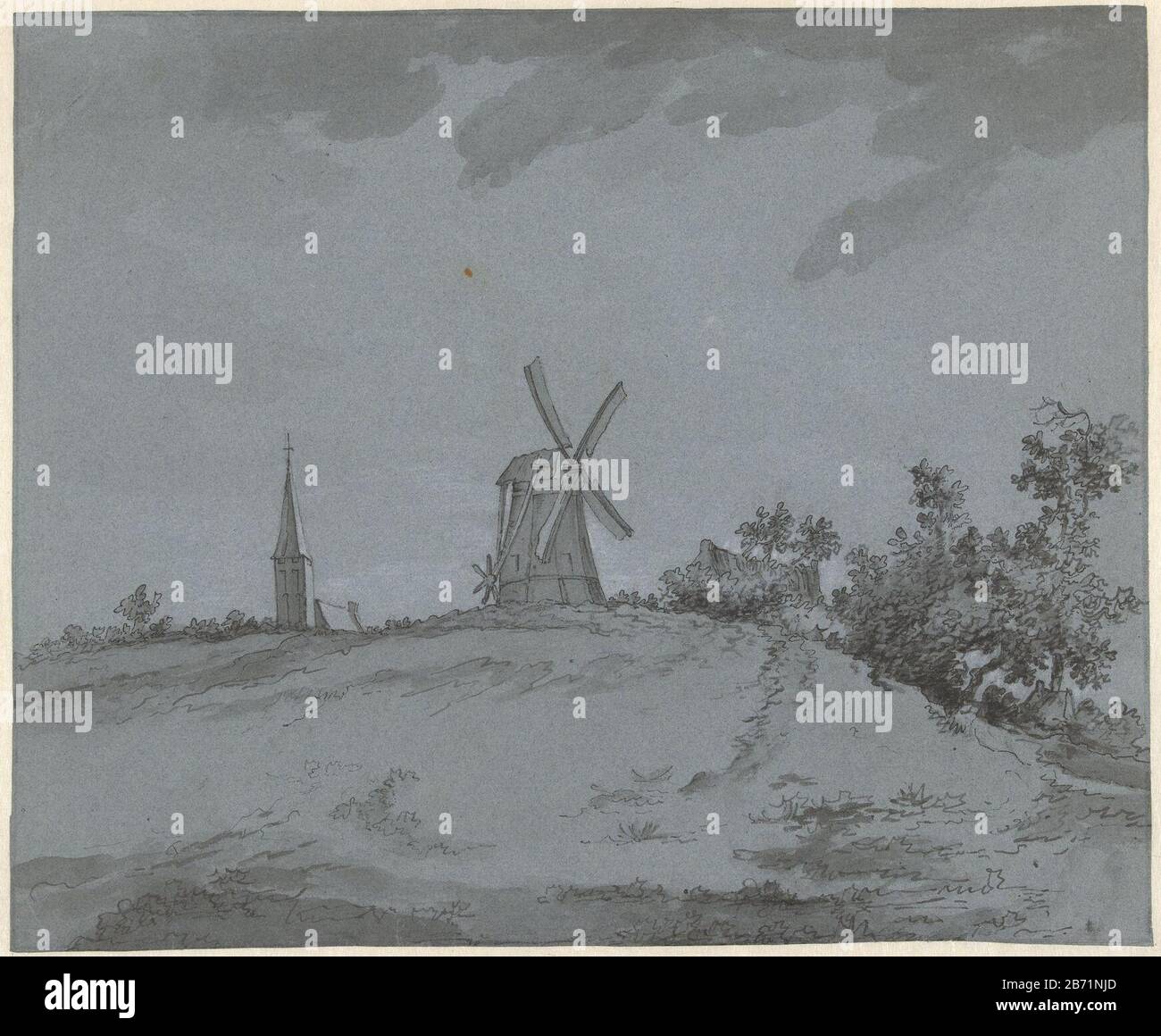 Landschap met windmolen en en kerk op een heuvel Landscape with windmill and Church on a hill tipo oggetto: Drawing numero Oggetto: RP-T 1935-28 Produttore : artista: Jacob Ernst Marcus Datato: 25 aprile 1789 caratteristiche Fisiche: Penna e pennello in gesso grigio e bianco su carta blu materiale: Tecnologia dell'inchiostro per gesso carta: Dimensioni penna / pennello: H 263 mm × W 320 mm Foto Stock