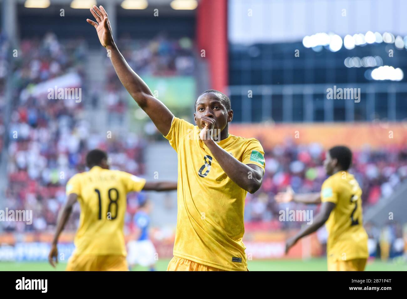 Tychy, POLONIA - 7 GIUGNO 2019: U-20 Coppa del mondo Polonia 2019 1/4 finali Match Italia vs Mali 4:2. Joy Mohamed Camara dopo aver segnato il gol. Foto Stock