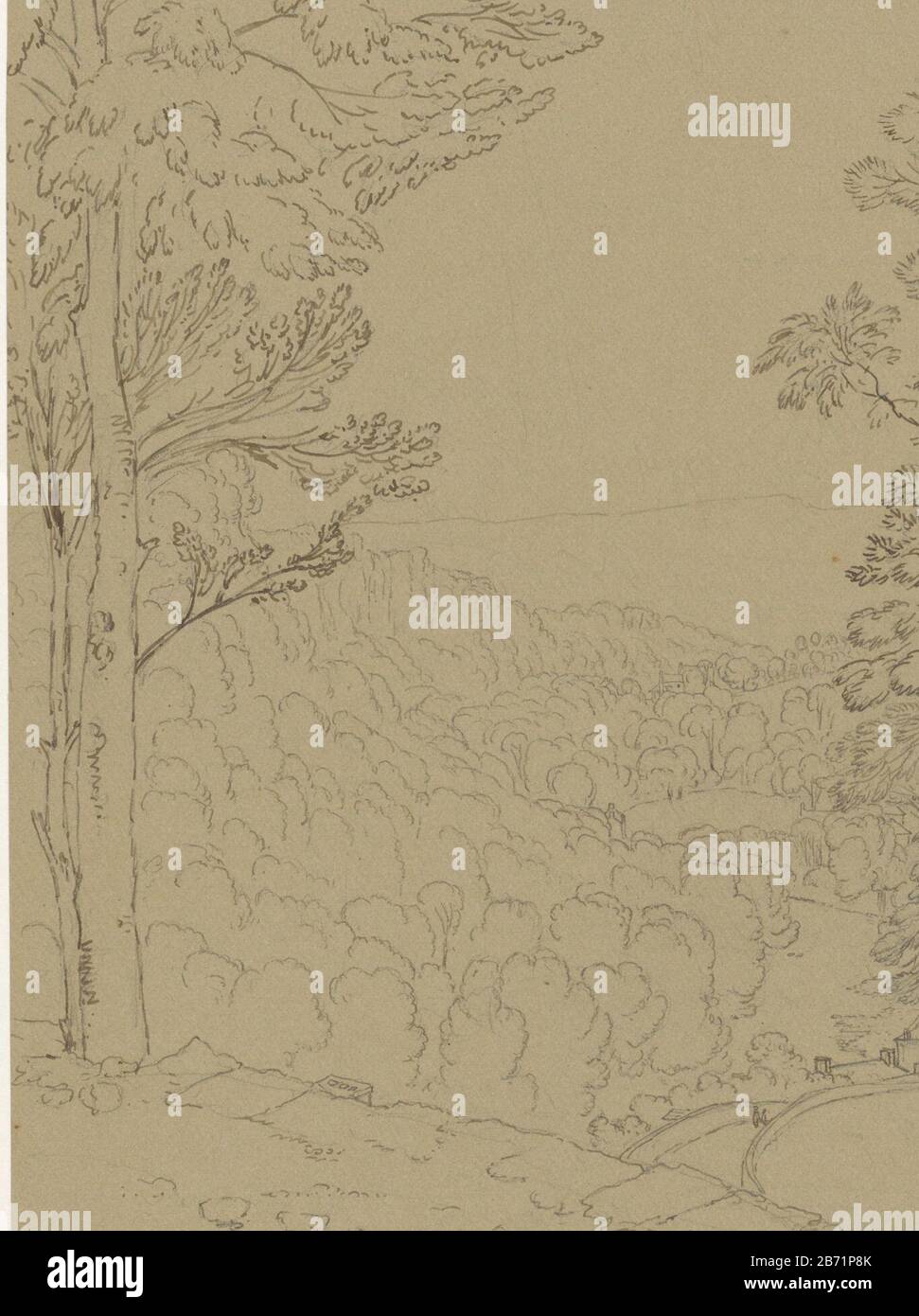Landschap te Matlock in Derbyshire Landscape in Matlock in Derbyshire Property Type: Drawing Object number: RP-T 1980-34 fabbricante : artista: William Turner di Oxford Data: 1818 caratteristiche Fisiche: Matita, penna in marrone, su carta marrone materiale: Carta inchiostro matita Tecnica: Penna dimensioni : h 375 mm × W 278 mmOnderwerp Foto Stock