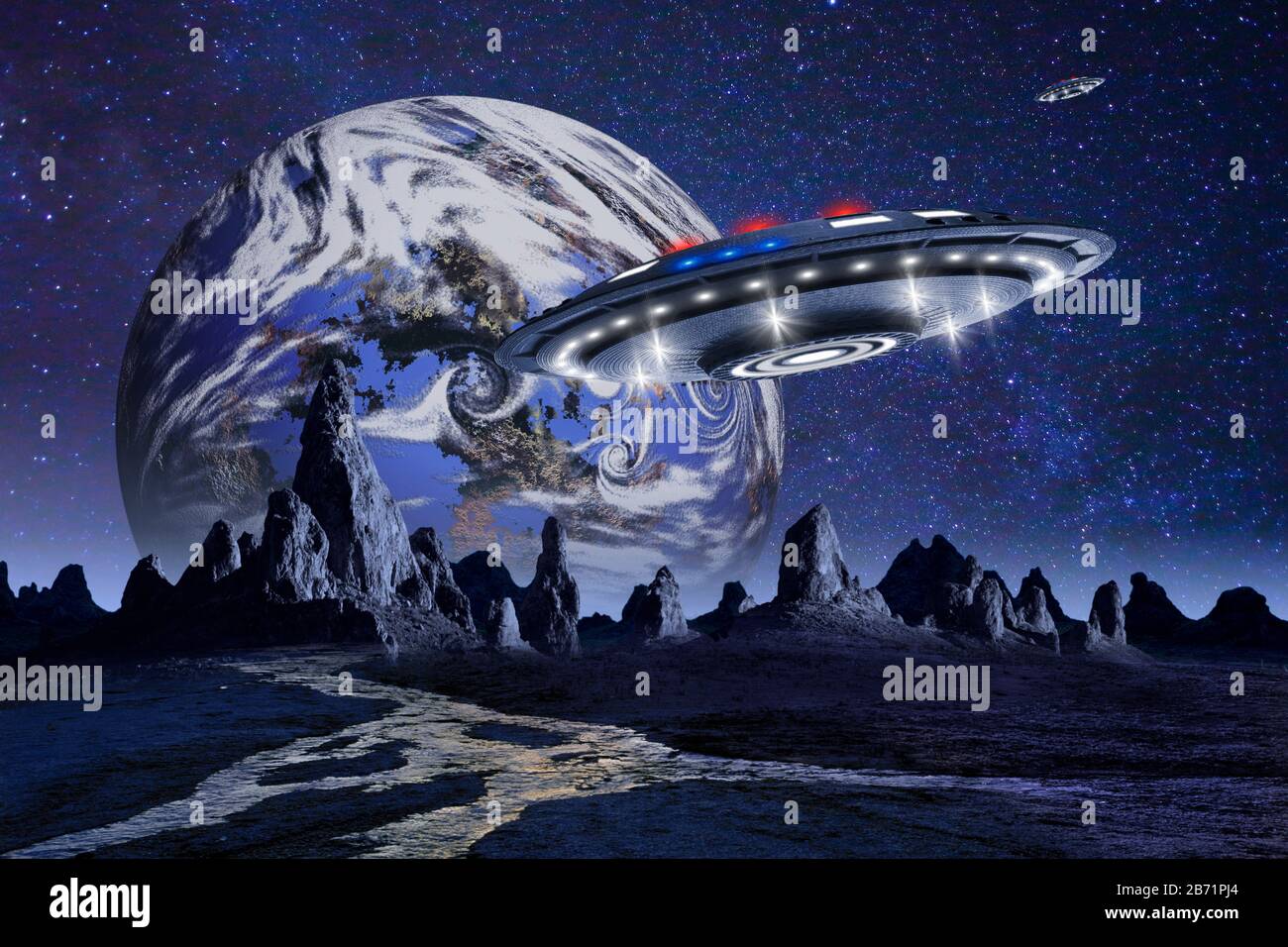 UFO avvistamento su pianeta alieno Foto Stock