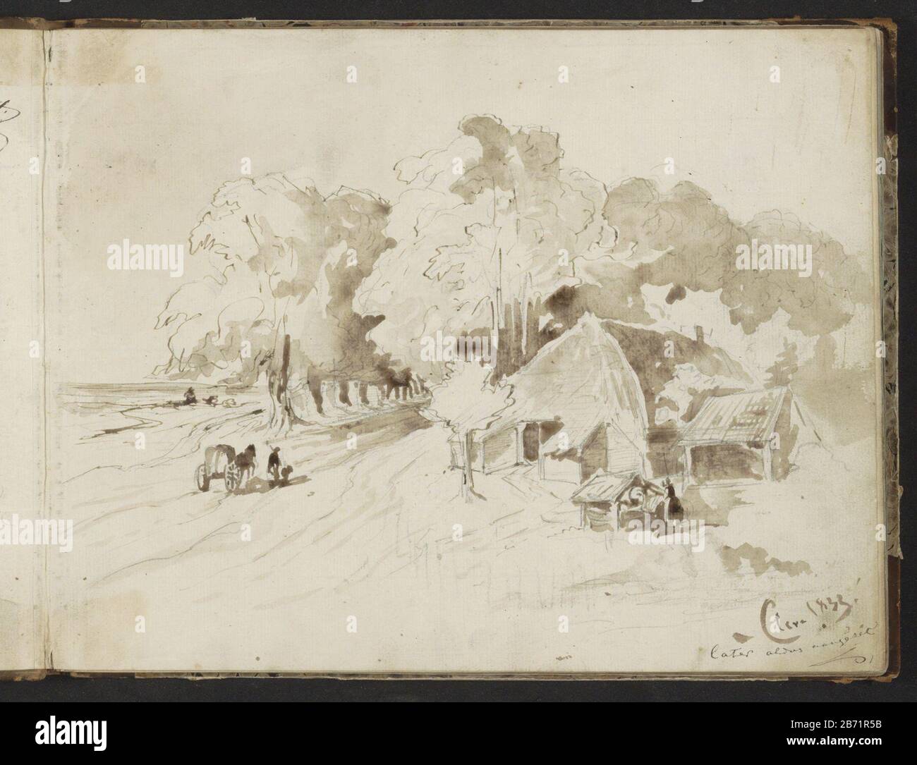 Landweg langs een boerderij in Kleef foglio 1 recto da uno schizzo-41 bladen. Produttore : disegnatore: John DavenraatPlats prodotto: Adesivo Data: 1833 caratteristiche Fisiche: Matita e pennello in materiale marrone: Carta matita Tecnica: Penseel Soggetto: Città scene e paesaggi con strutture di strada umani, percorso agricolo (costruzione) carri di trekking Foto Stock