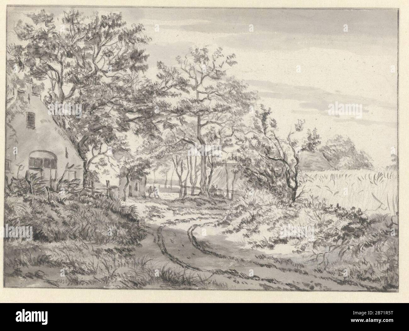 Landweg langs een boerderij strada di campagna lungo una fattoria, a destra un graanveld. Produttore : artista Jan van Kessel (1641-1680) Data: 1665 - 1680 caratteristiche Fisiche: Spazzola in grigio, gesso nero materiale: Gesso carta Tecnica: Dimensioni spazzola: H 206 mm × W 289 mm Oggetto: Fattoria (edificio) fattoria o casa solitaria in paesaggio Foto Stock