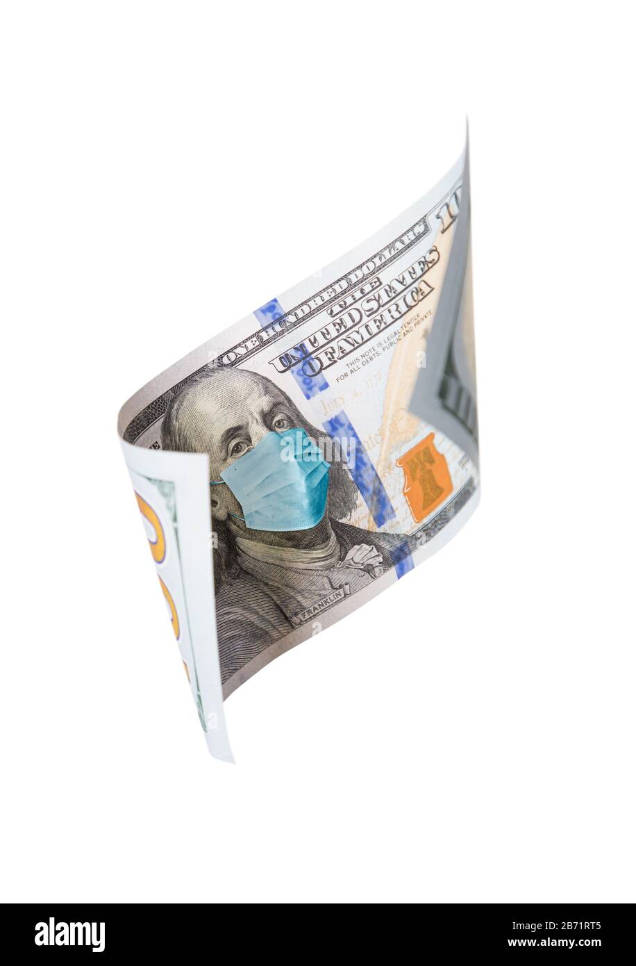 Cento Dollar Bill Con Medical Face Mask Su Benjamin Franklin Isolato Su White. Foto Stock