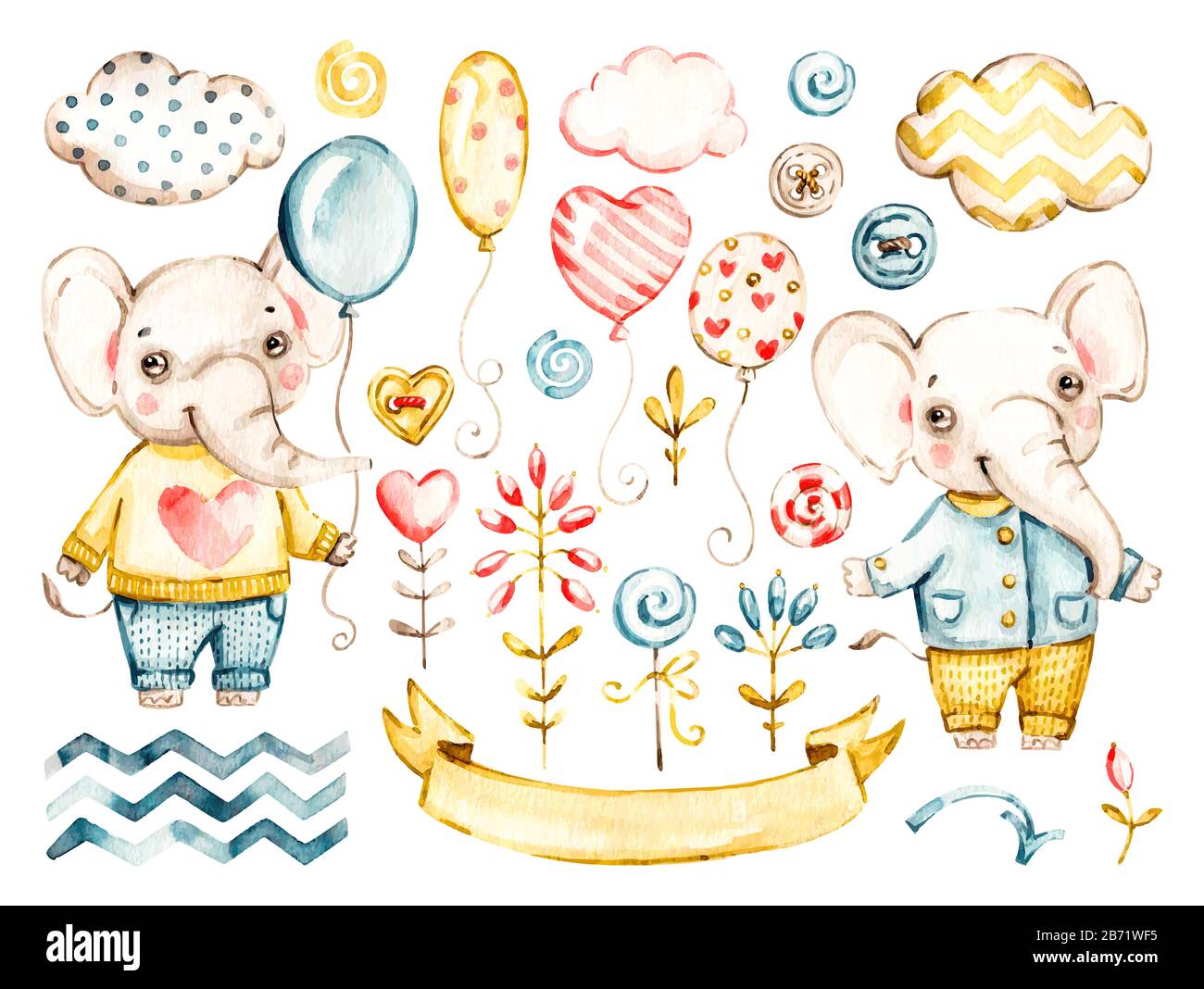 Carino elefante bambino ragazzo. Watercolor vettore vivaio cartoni animati giungla animali, cute nuvole, palloncini. Adorabile safari serie Nurseries isolato su dorso bianco Illustrazione Vettoriale