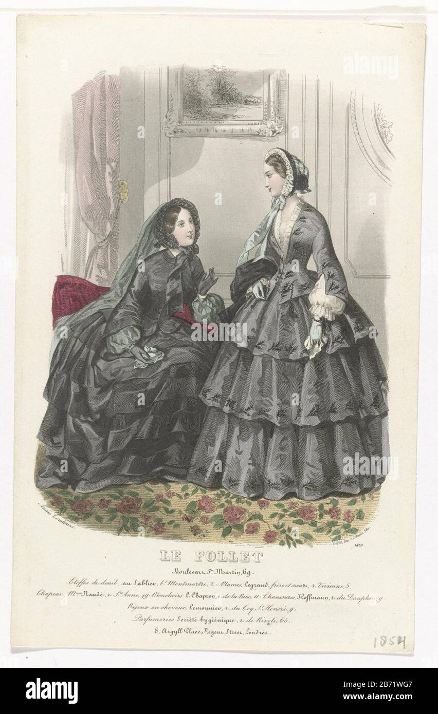 Le Follet, 1854, n. 1873 Etoffes de deuil Due donne in un interno, vestito in diversi abiti da lutto. Tra la mostra alcune righe di testo pubblicità per vari prodotti. Stampa la rivista di moda le Follet Courrier des Salons (novembre 1829 ottobre 1882) . Produttore : stampatore: Anonimo al disegno: Anaïs Colin-Toudouze (edificio elencato) stampante: Gerval (proprietà elencata) Luogo di produzione: Parigi Data: 1854 caratteristiche Fisiche: Incisione, materiale colorato a mano: Carta Tecnica: Engra (processo di stampa) / misure a colori a mano: Foglio: H 264 mm × W 169 mm Oggetto: Moda piatti mou Foto Stock