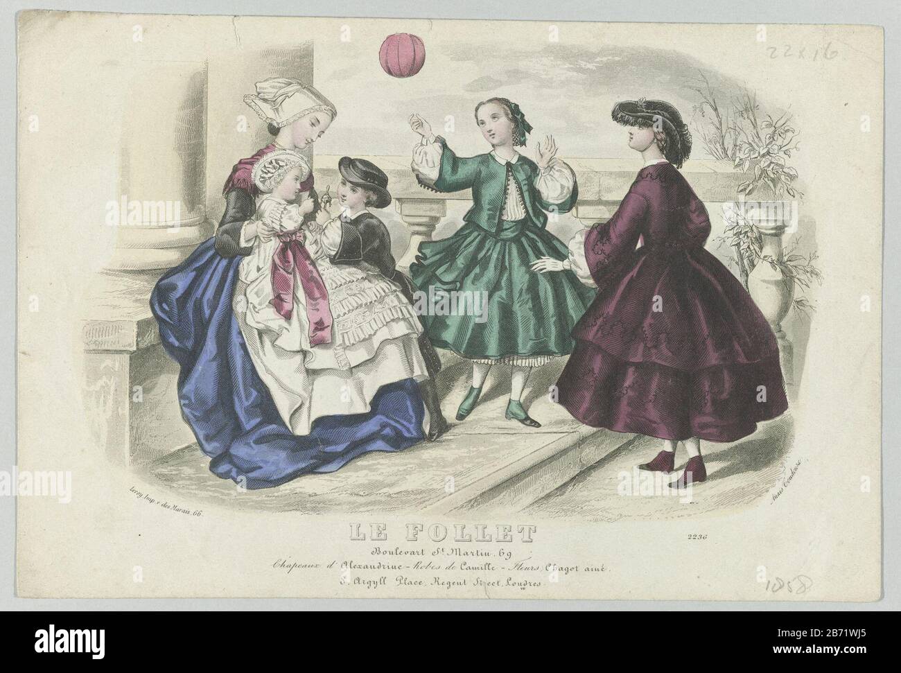 Le Follet, 1858, No 2236 Chapeaux d'Alexandrin () Nanny con baby lap, un ragazzo clourdt un sonaglio per il bambino. Due ragazze giocano con una palla. Indossano cappelli 'Alexandrine' e abiti di 'Camille'. Tra la mostra alcune righe di testo pubblicità per vari prodotti. Stampa la rivista di moda le Follet Courrier des Salons (novembre 1829 ottobre 1882) . Produttore : printmaker: Anonymous to drawing: Anaïs Colin-Toudouze (listed building) stampante A. Leroy (listed property) Luogo di produzione: Parigi Data: 1858 caratteristiche Fisiche: Engra, mano-colorato materiale: Carta Tecnica: Engra (printing process) Foto Stock