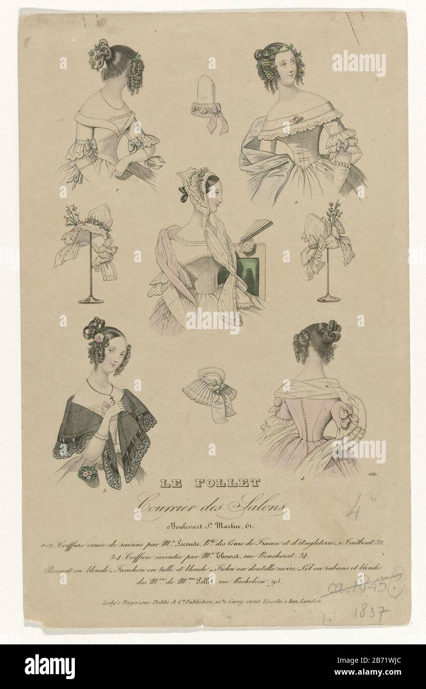 Cinque donne a mezza lunghezza, due cappelli, un collare e fichu, numerati da uno a quattro. Secondo il titolo: 1-2 'Coiffure' decorato con uve di Lecomte, brevettato dal tribunale francese e inglese (?). 3-4. Coiffure eseguito da Thouret. Cappello Blonde (merletto). Fanchon tulle e Blonde (merletto a bobina). Fichu di pizzo nero. Nastri a collare e Blonde (merletto a bobina) dai negozi di Pollet. Stampa la rivista di moda le Follet Courrier des Salons (1829 - 1882) . Produttore : printmaker: Anonymous publisher: Dobbs & Co (listed property) Luogo produzione: London Data: 1837 Caratteristiche Fisiche: E Foto Stock