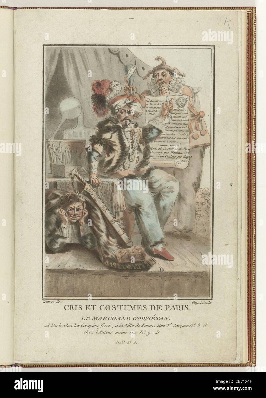 Titolo Stampa: Commerciante vende elisir. Si siede a un tavolo su un palco vestito con giacca di pelliccia corta, turbante. Accanto a lui sul tavolo una scatola con bottiglie e replica. Contro la tabella di stato sono storti pesanti d. Sotto il tavolo c'è un giovane che guarda lo spettatore, che afferma che ha dovuto vendere l'accordo commerciale dietro di lui un pagliaccio con carta arrotolata. Giù il pamphlet il titolo della serie: CRIS et Costumors de Paris dessiné par Watteau et Gravé e Couleur par Guyot. Produttore : Stampatore: Laurent Guyot A Disegno: François Louis Joseph Watteauuitgever: Charles Philippe Campion L'Automobile Foto Stock