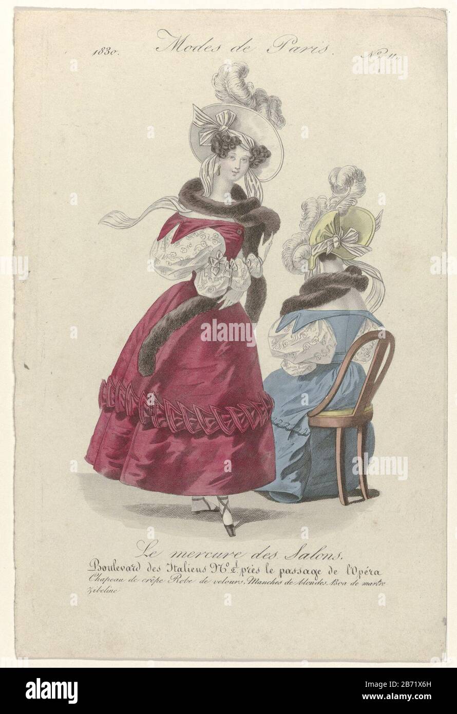 Crepe sul cappello. Abito di velluto con mamelukkenmouwen Blonde (merletto  a bobina). Boa 'martre zibeline. Stampa la rivista di moda le Mercure des  Salons (janvier 1830 - marzo 1831) . Produttore :