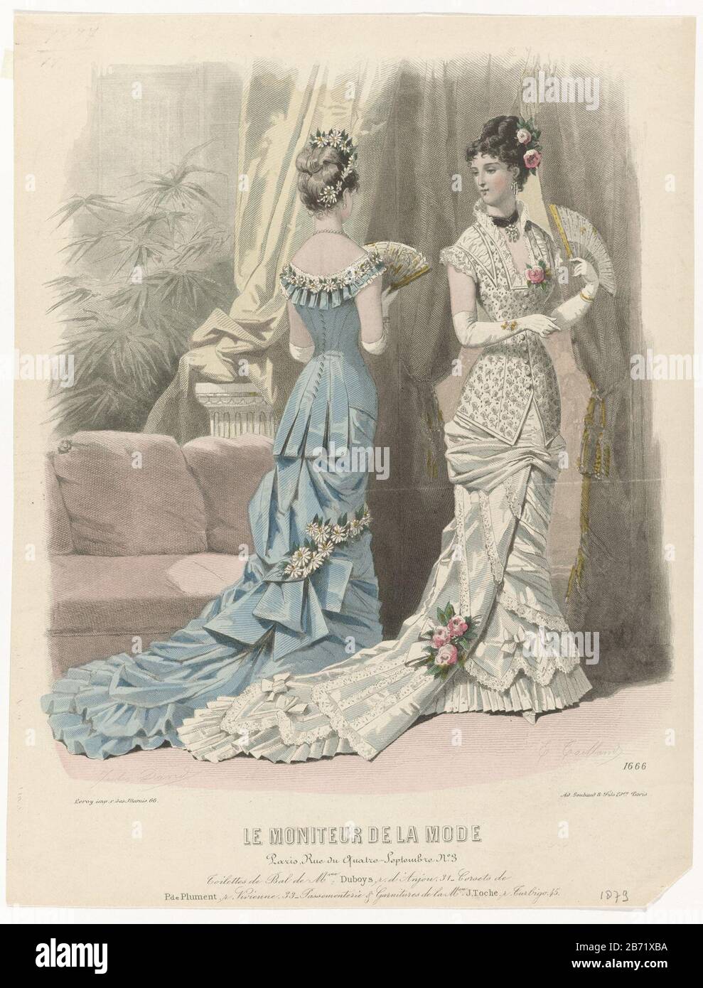 Le Moniteur de la Mode, 1879, No 1666 Toilettes de Bal Due donne, di cui: Una vista da dietro, vestito in abiti da palla, rifinita con fiori e tessuto pieghettato. Secondo la didascalia, i duboys delle vesti. Qui sono alcune regole che fanno pubblicità al testo per i vari prodotti. Stampa la rivista di moda le Moniteur de la Mode (1843-1913) . Produttore : stampatore: Edouard Taillandiers (proprietà elencata) a disegno: Jules David (1808-1892) (edificio elencato) stampante: Leroy (edificio elencato) editore: Ad. Goubaud et Fils (indicato sull'oggetto) Luogo di fabbricazione: Parigi Data: 1879 caratteristiche Fisiche Foto Stock