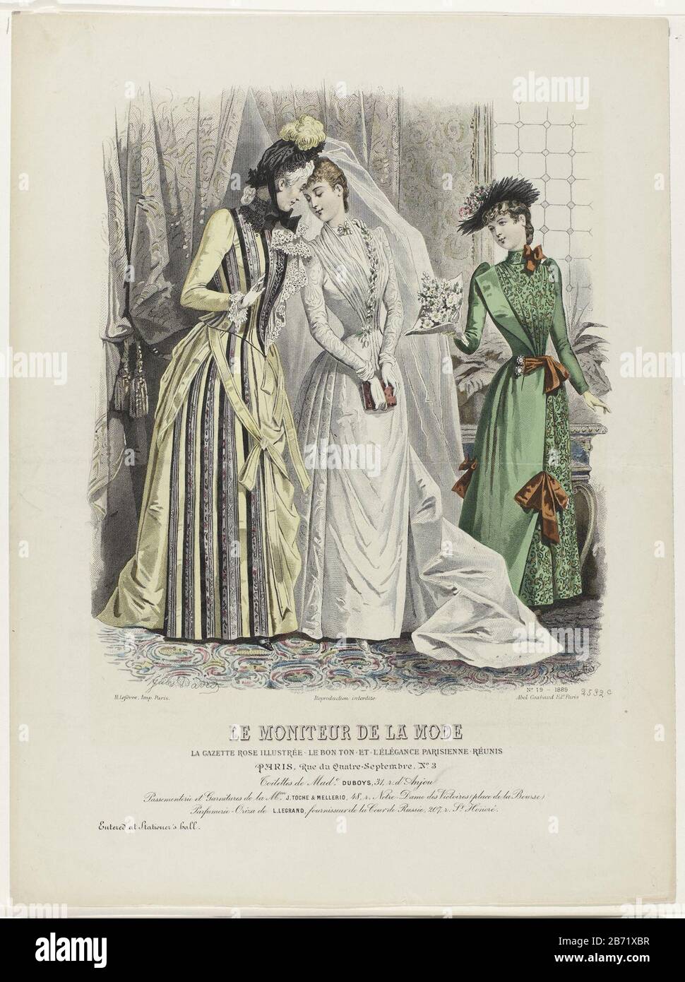 Le Moniteur de la Mode, 1889, Nr 2532c, No 19 Toilettes de Made Duboys una  sposa in piedi in un abito da sposa con sentiero accanto a una donna più  anziana. Una