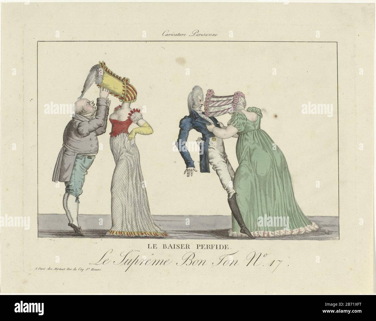 La caricatura sui grandi cappelli a baldacchino era in voga intorno al 1800-1815.  Due coppie Dove: Fornisce il cofano poke della donna problemi. In una  coppia della parrucca dell'uomo rimane incastrato nel