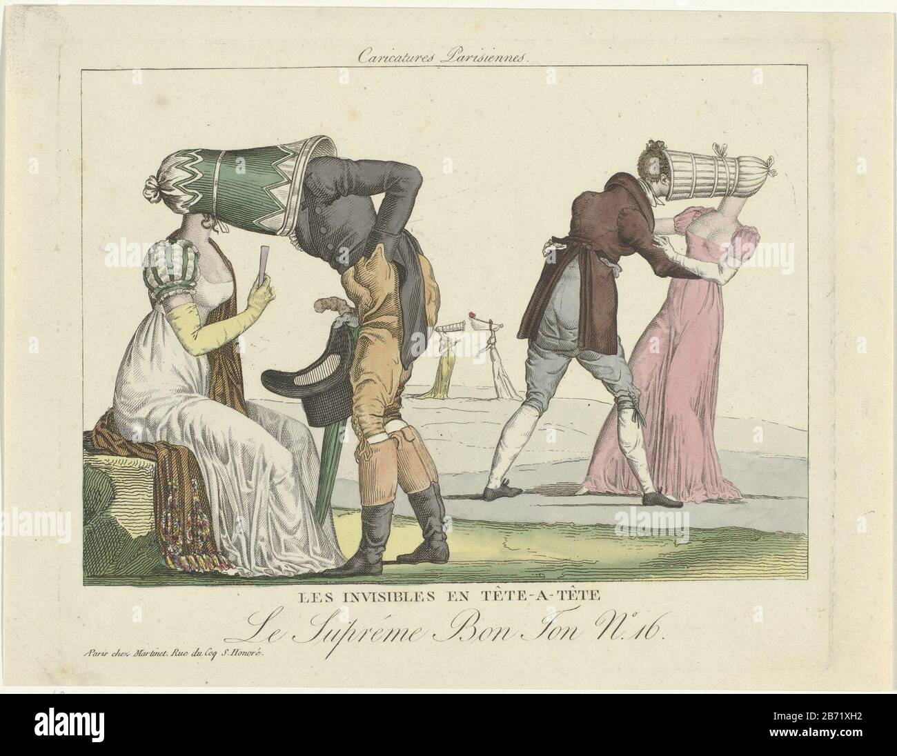 Mimica dei grandi cappelli a baldacchino che erano in voga intorno al 1800- 1815. Due coppie di abiti alla moda, Dove: Alla testa dell'uomo 'appare'  nel cappello della donna. Sul terzo piano due