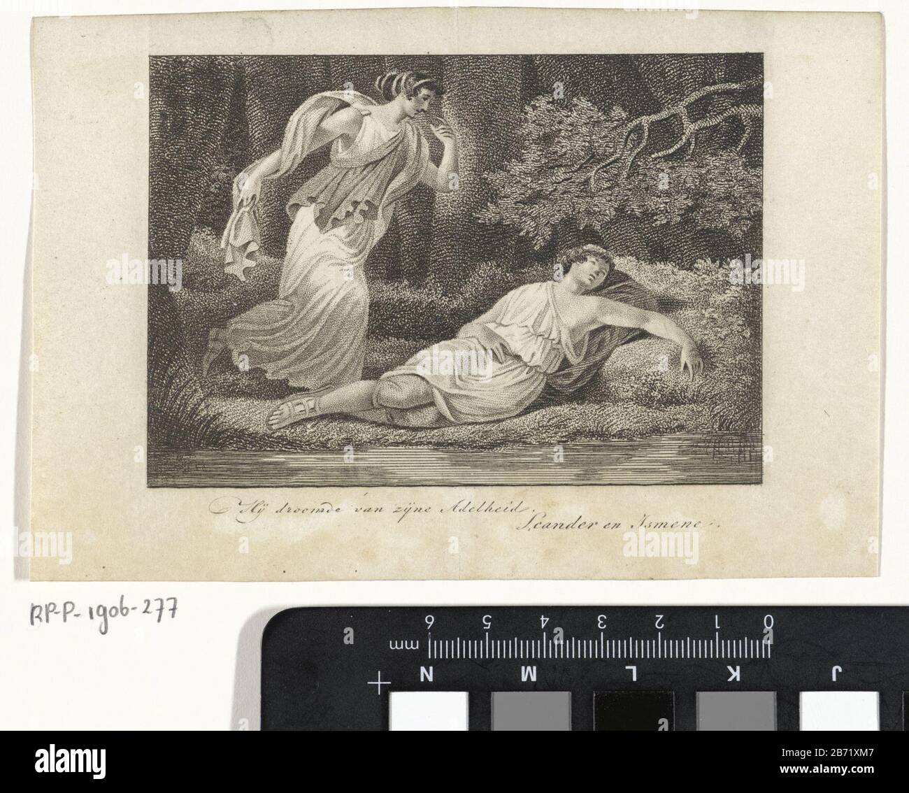 Leander en Ismene Hij droomde van zijne Adelheid (titel op object) Landschap ha incontrato Leander die langs de anyone van een rivier in slap is gevallen. Vanuit het bos affitta Ismene naar punta. Illustratie van een scène uit 'Leander en Ismene'. Produttore : produttore : Ludwig Gottlieb PortmanPlats fabbricante: Amsterdam datazione: 1803 Kenmerken Fisico: Stippelets en ets Materiale: Papier Techniek: Stippelets / etsen dimensioni: Blad: H 100 mm × b 147 mmToelichtingPrent gebruikt als illustratie in: Almanak, van vernuft en smaak voor het jahet CCIII. Amsterdam: Weduwe Jan Dóll, 1803. Oggetto: Specif Foto Stock