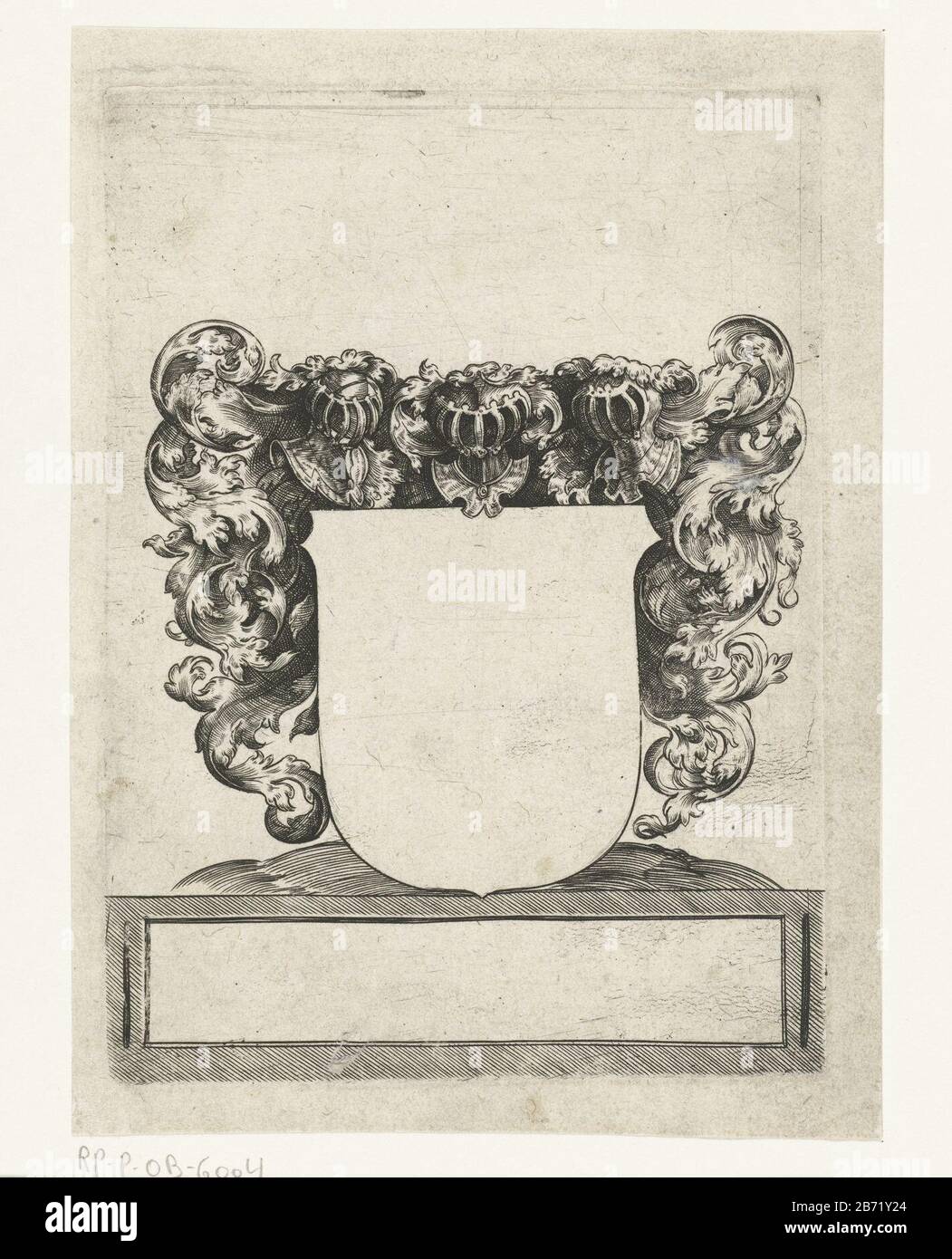 Leeg wapenschild cappotto Vuoto con versieringen. Produttore : stampatore Abraham de Bruyn (attribuito a) datazione : 1550 - 1587 caratteristiche Fisiche: Engra materiale: Tecnica della carta: Engra (processo di stampa) Misure: Bordo della lastra: H 154 mm × W 113 mmToelichtingEv. Da Abraham de Bruyn: Diverarum Gentium armatura equestris, Colonia, 1578. Oggetto: Cuscinetto di Armoral, eraldry Foto Stock