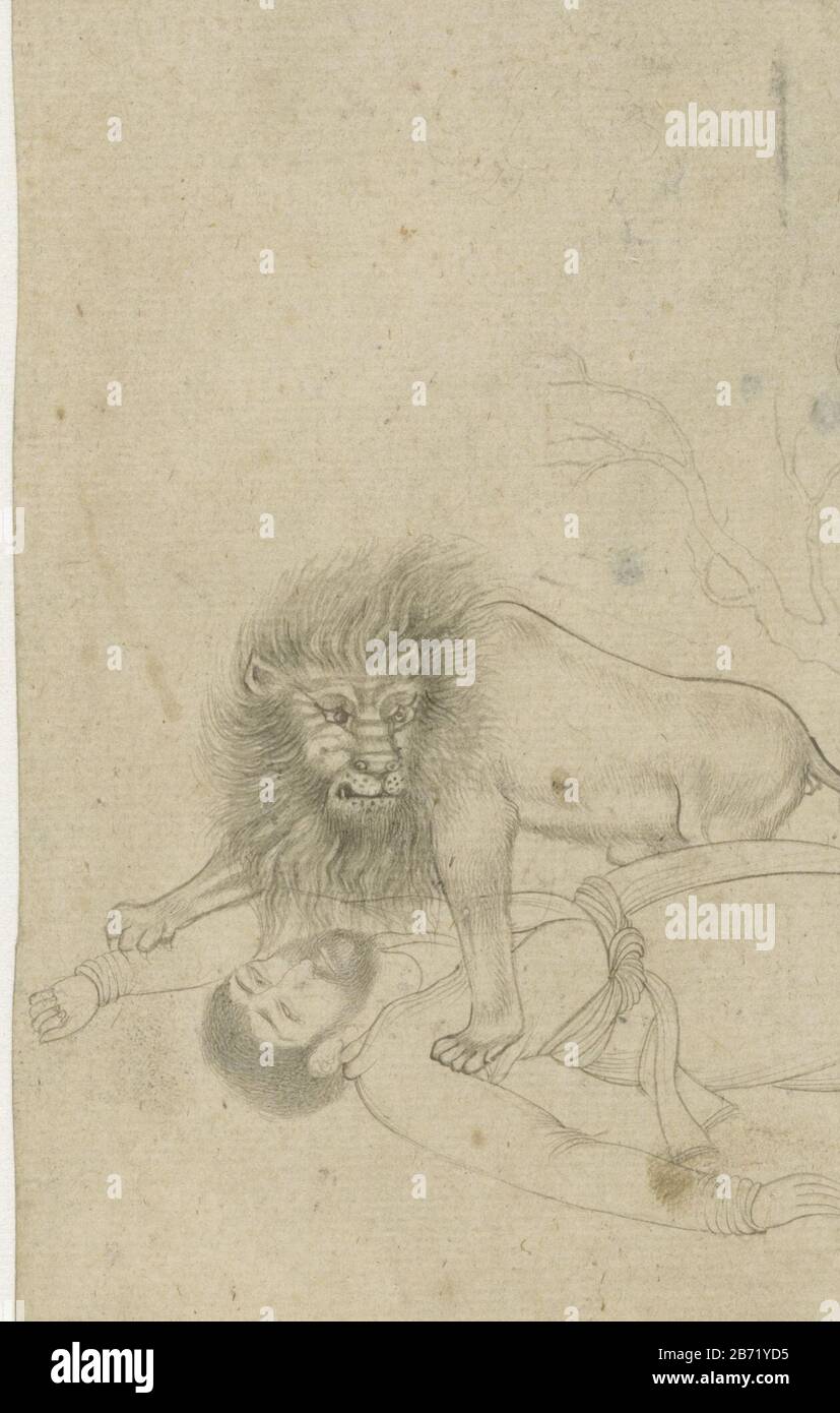 Leeuw die een man overvalt Lion man overtake tipo di oggetto: Drawing Indian miniatura Numero Oggetto: RP-T 1963-383 Produttore : artista: Anonimo data: Appross 1580School / stile: Mughal imperatore caratteristiche fisiche: Pennello e grigio materiale: Carta Tecnica: Pennello: H 158 mm × W 101 mm Oggetto: bestie di preda, animali predatori: animali leone (+ animali (s) che attaccano) Foto Stock