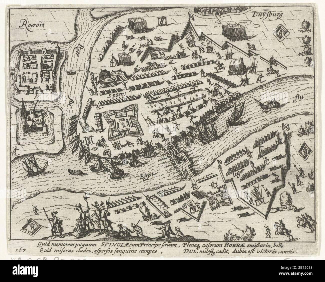 Legerkamp van Spinola voor Ruhrort, 1605 campo militare Spinola tra Ruhrort e Duisburg, 1605. Con squadra di quattro righe in latino. Numerato 267. Stampato sul retro con testo in Latijn. Produttore : printmaker: Anonymous to print by French High Mountain (workshop) Luogo di produzione: Northern Netherlands Data: 1613 - 1615 caratteristiche Fisiche: Materiale di incisione: Tecnica della carta: Incisione dimensioni: Foglio: H 134 mm × b 165 mmToelichtingIllustratie proviene da W. Baudartius, Polemographia Auraico-Belgica, Michiel Colijn, Amsterdam 1621-1622, Vol. II. Campo soggetto (militare) con tende Ottanta Y. Foto Stock