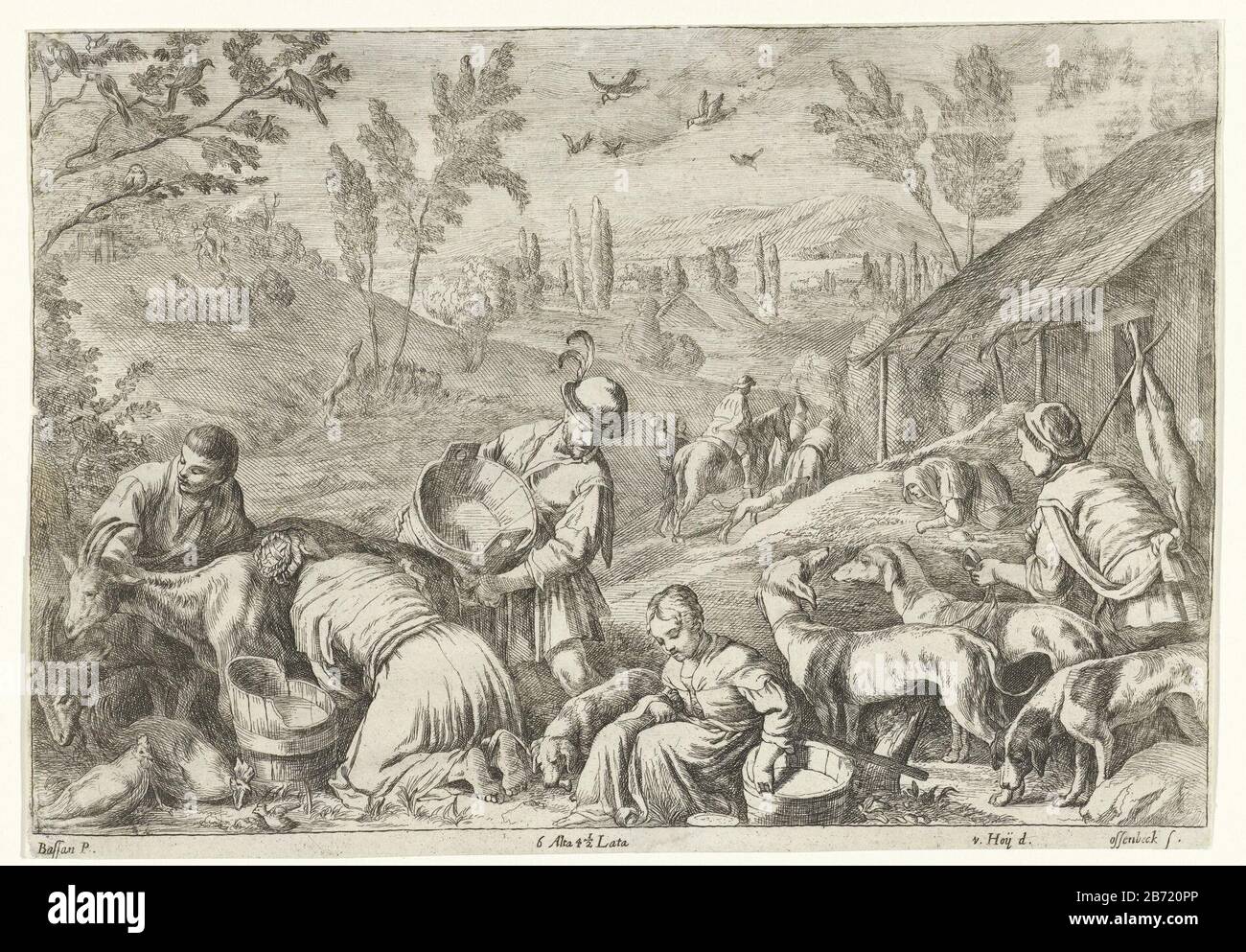 LENTE De vier seizenen (seriettel) un gruppo di agricoltori che lavorano fuori casa. Una donna che mungeva capre. Un uomo che indossa una vasca di latte. Giusto un ragazzo con il suo cane, porta un lepre morto sulla sua spalla. Presentazione della primavera in una serie di immagini dei quattro seizenen. Produttore : stampatore Jan Osse Beeck (proprietà elencata) a disegno: Nicholas Hoy (proprietà elencata) a dipingere da Leandro Bassano (proprietà elencata) Luogo fabbricazione: Bruxelles Data: A partire dal 1660 caratteristiche Fisiche: Incisione ed engra materiale: Carta Tecnica: Incisione / engra (processo di stampa) dimensioni: See Foto Stock