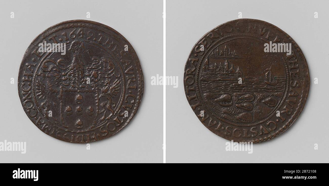Leonard Van der Noot, magistraat van de schatkist van Brussel en vijfendertigste indendant van de vaart van Brussel Koperen Penning. Voorzijde: Gehelmd wapenschild binnen omschrift. Keerzijde: Schip dat haven binnen vaart; op kust: Vijf schelpen binnen omschrift fabbricante : anoniemPlats fabbricazione: Brussel Appuntamenti: Jan-1649 Kenmerken Fisico: Koper Materiale: Koper Techniek: Slaan dimensioni: D 2,9 cm. × g 5,93 gr Data: 1648-01 - 1650-09-12 Foto Stock