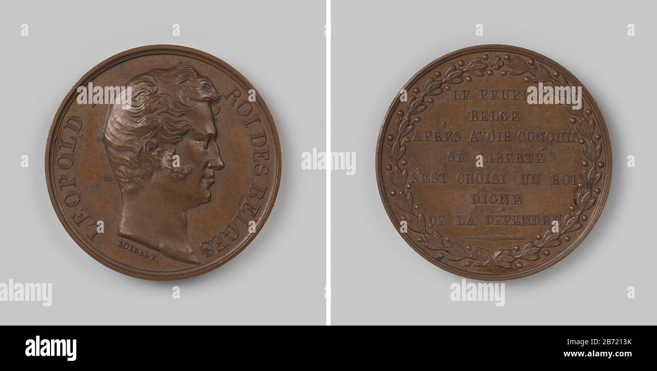 Penning di Zilveren. Voorzijde: Borststuk uomo binnen omschrift. Keerzijde: Opschrift binnen krans van olijftak-ken fabbricante : M. Borrel dating: 1831 Materiale: Zilver Techniek: Slaan dimensioni: D 2,7 cm. × g 10,46 gr Oggetto: Belgische RevolutieWanneer: 1831-06-04 - 1831-06-04Wie: Leopold i (koning der Belgen) Foto Stock