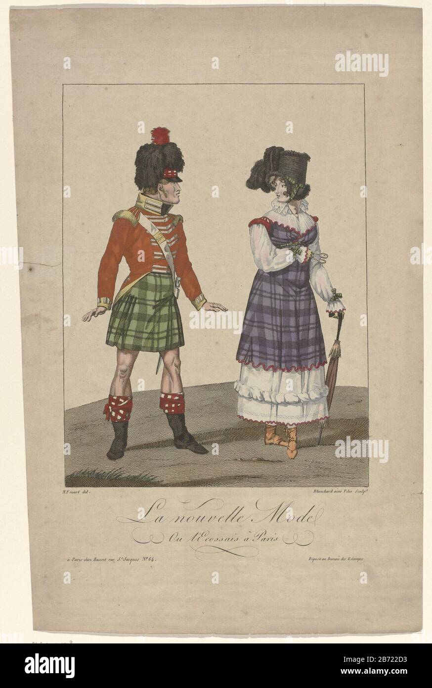 Soldato di un reggimento scozzese vestito con una tunica, colletto e  polsini in colore contrastante, in un kilt con tartan (tartan). Tipo a  baionetta in una bandoliera con fibbia. Ulteriori accessori: Shako