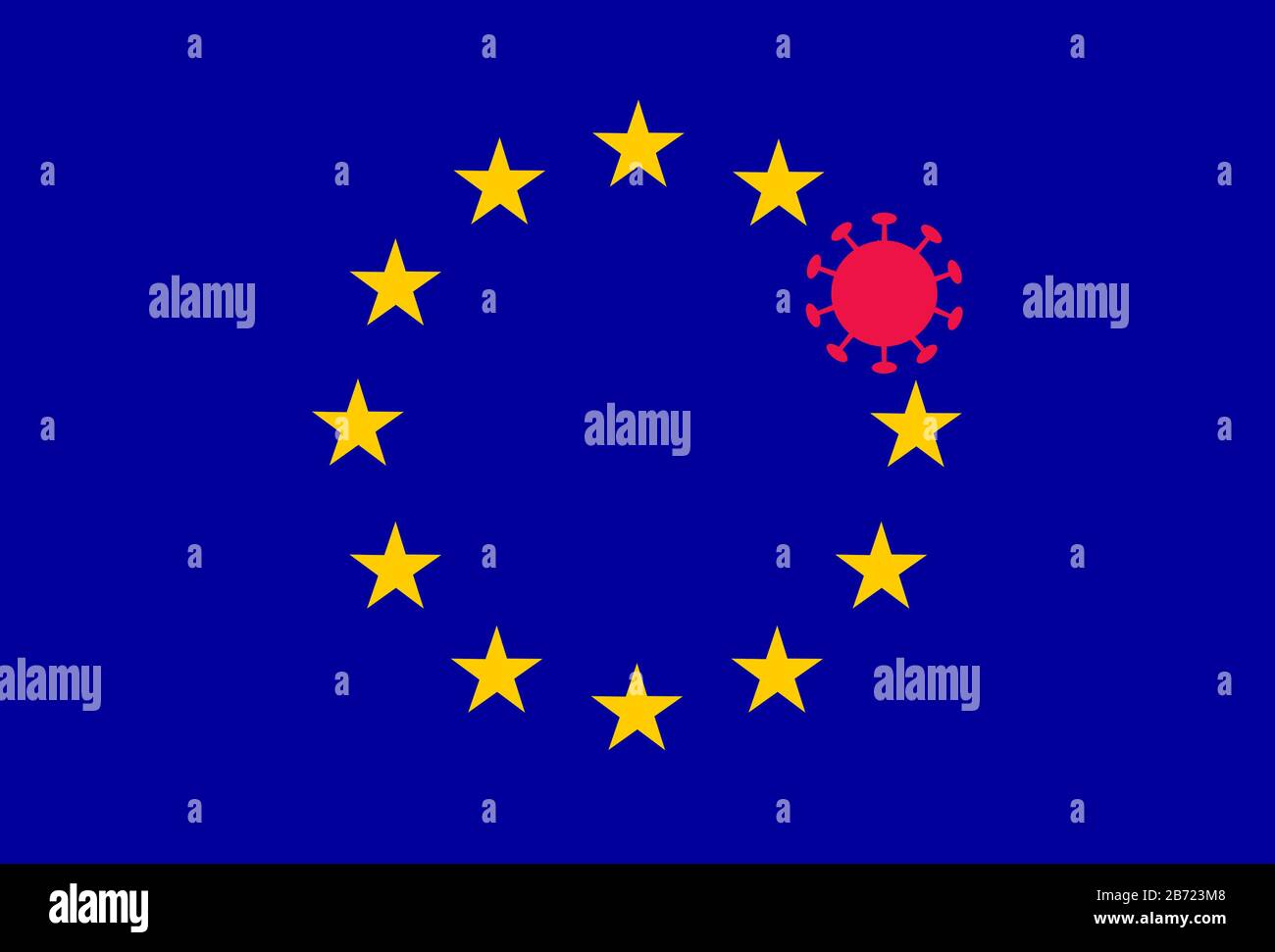 Simbolo di coronavirus rosso COVID-19 che sostituisce una delle stelle dell'UE - Unione europea - bandiera. Foto Stock