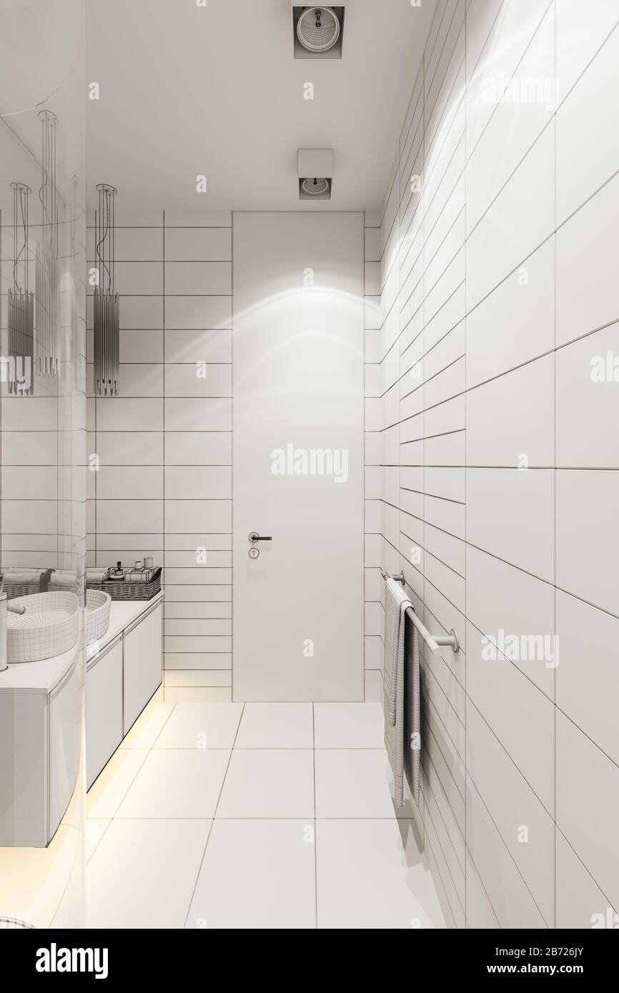 rendering 3d interni design del bagno con una doccia ad angolo Foto Stock