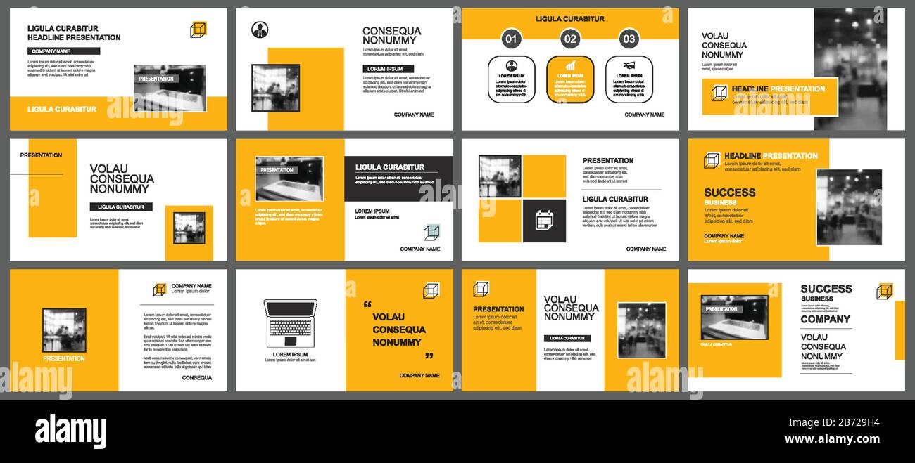 Modello di presentazione e layout delle diapositive. Disegno sfondo geometrico giallo e arancione. Da utilizzare per report annuali aziendali, volantini, marketing, volantini, adve Illustrazione Vettoriale