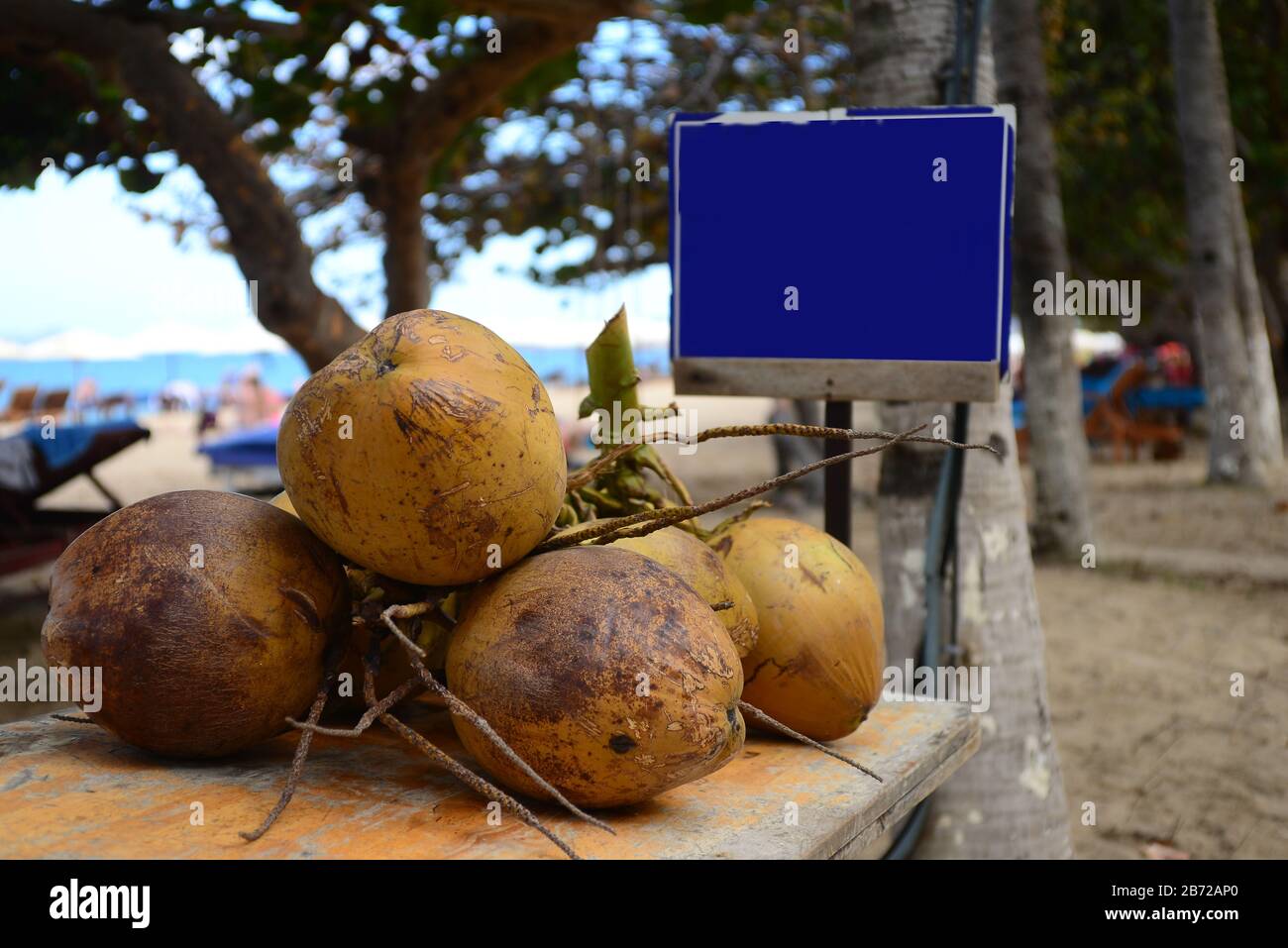 Le noci di cocco che vendono in spiaggia con un prezzo tag può aggiungere la lingua e il prezzo Foto Stock