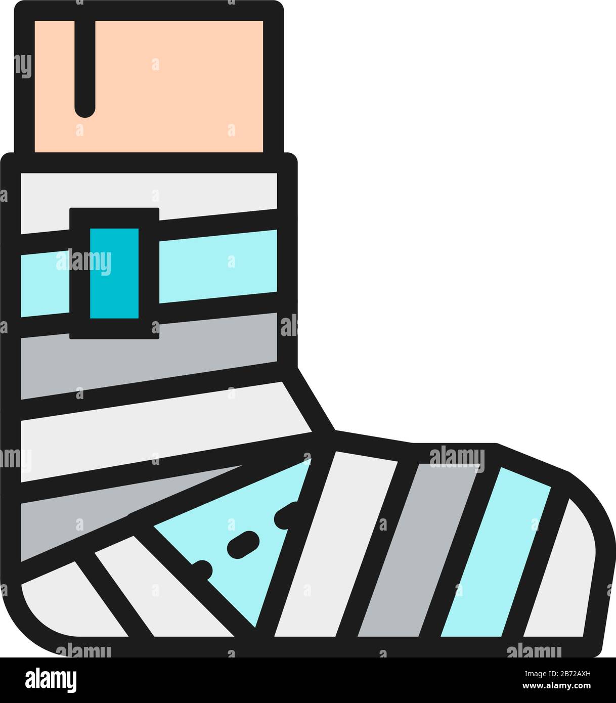 Frattura delle gambe, intonaco, bendaggio elastico, icona a linea di colore piatta. Illustrazione Vettoriale