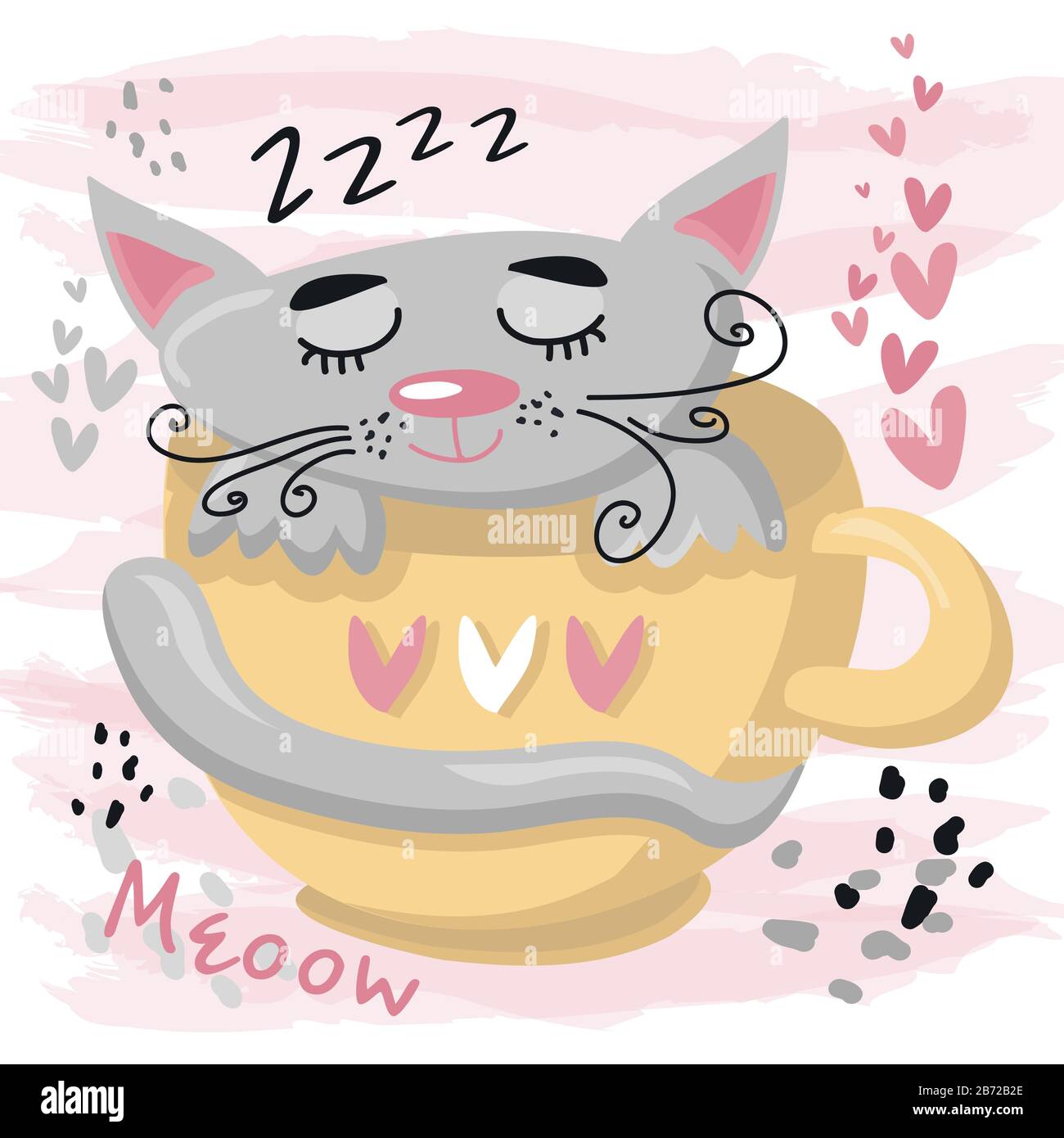 Animale domestico del bambino del gatto dormiente carino. Nursery vettore cartoon sonno animale gatto grigio, carino stampa illustrazione. Illustrazione Vettoriale