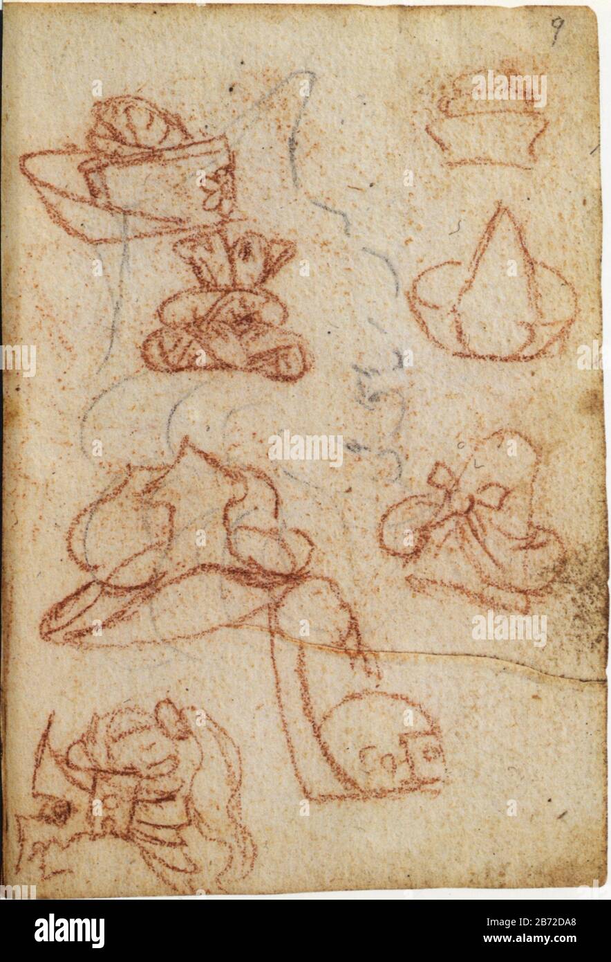 Leonardo da Vinci. Disegni di cappelli, nastri e altri oggetti per costumi in maschera. Dettagli. 1493-1496 Foto Stock