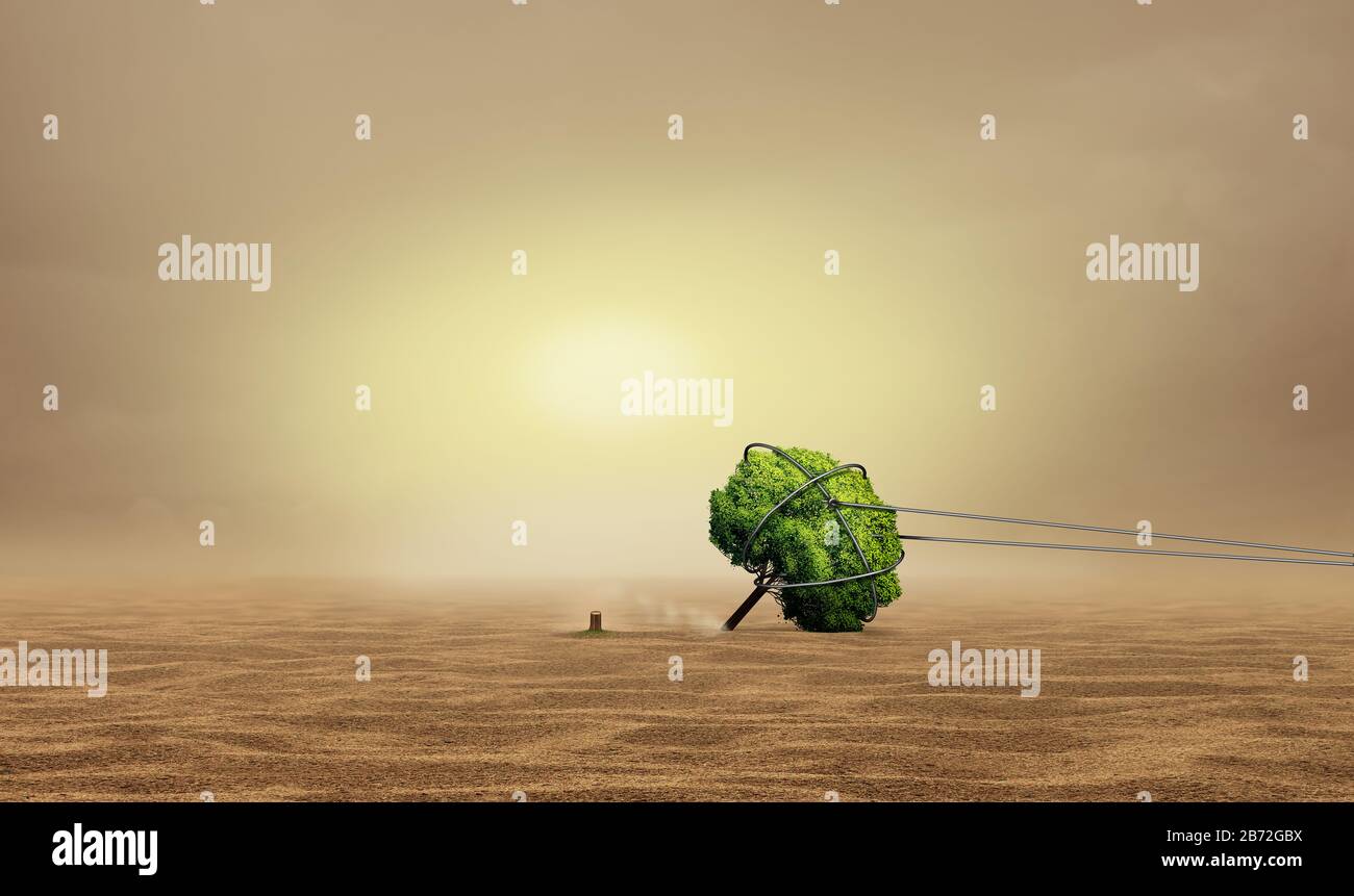 Concetto di cambiamento climatico e salvare l'idea del pianeta e degrado dell'habitat come l'ultimo albero che viene tagliato e rimosso in uno stile di illustrazione 3D. Foto Stock