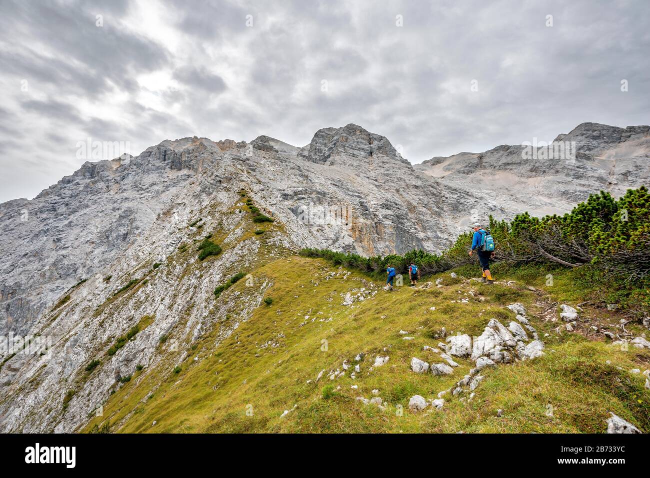 Alpinista, escursionista a nord di Oedkarscharte, salita alle vette Oedkar via Brendelsteig, catena Hinterautal-Vomper, Karwendel, Tirolo, Austria Foto Stock