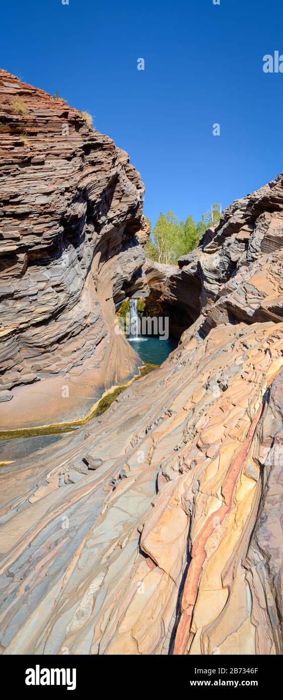 Vista panoramica lungo gli strati rocciosi che conducono all'iconica piscina di Plunge e cielo aperto e limpido presso la gola di Hamersley nell'Australia Occidentale. Foto Stock