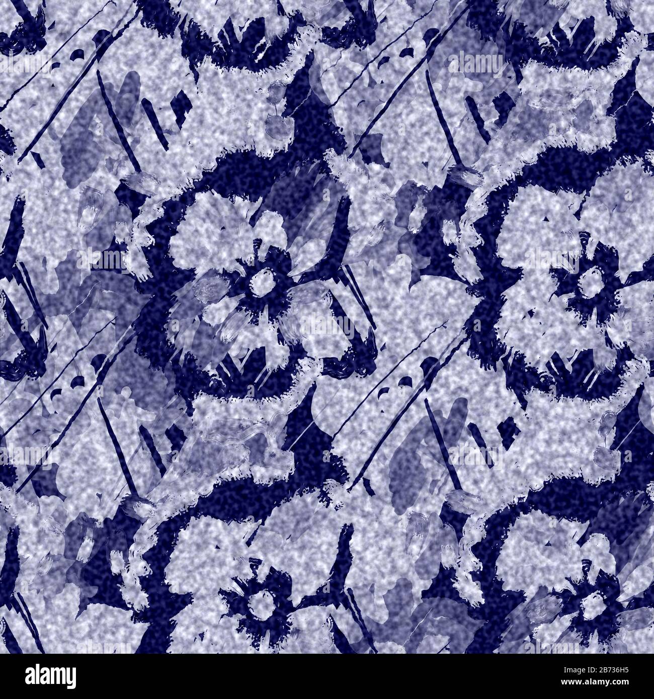 Indigo blu batik tinto pansy fiore effetto texture sfondo. Campione giapponese senza cuciture a ripetizione. Motivo floreale pittorico colore candeggina. Maschile A. Foto Stock