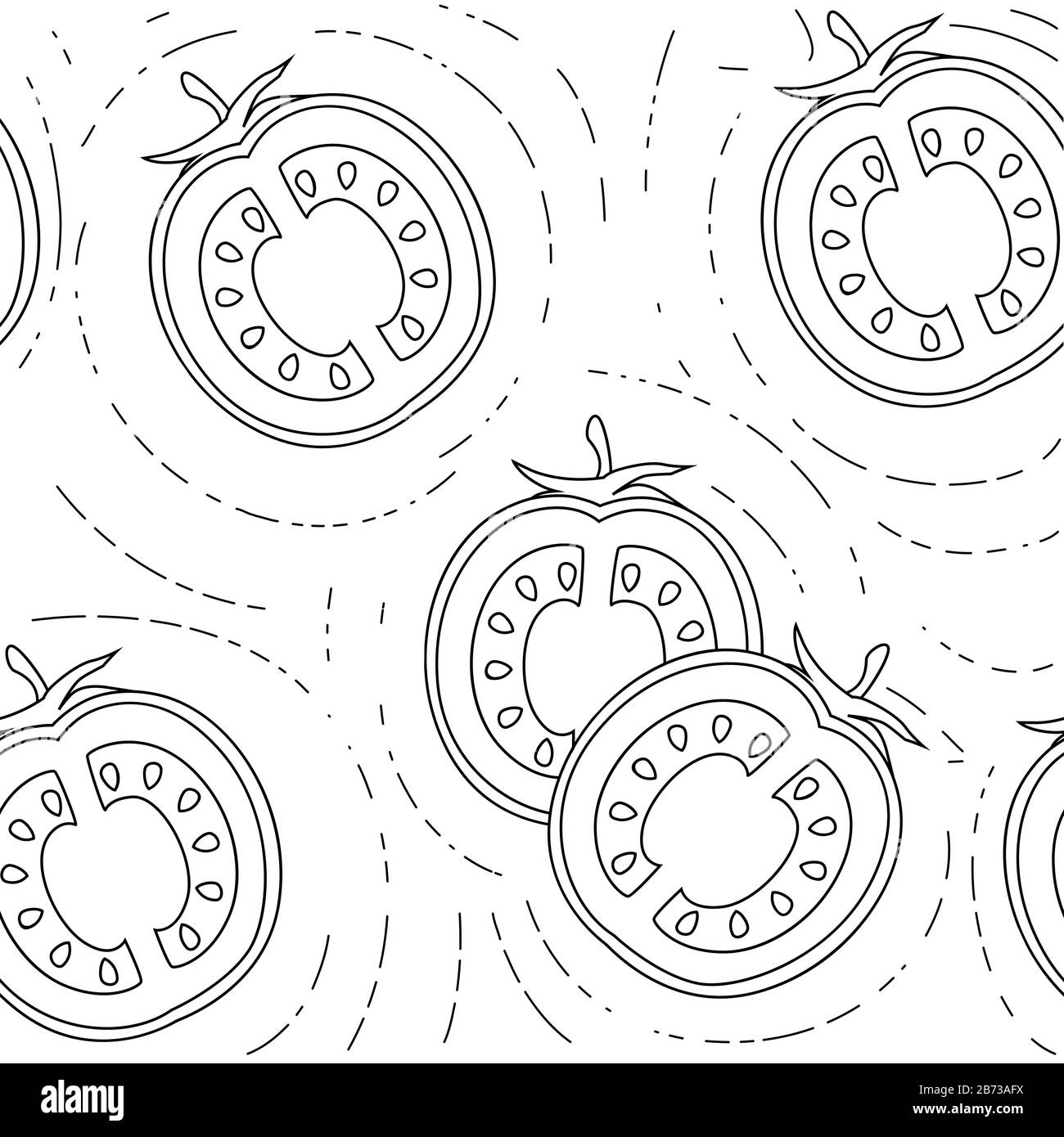 Disegno senza cuciture di fette di pomodoro con foglie disegno vettoriale piatto su sfondo bianco. Illustrazione Vettoriale