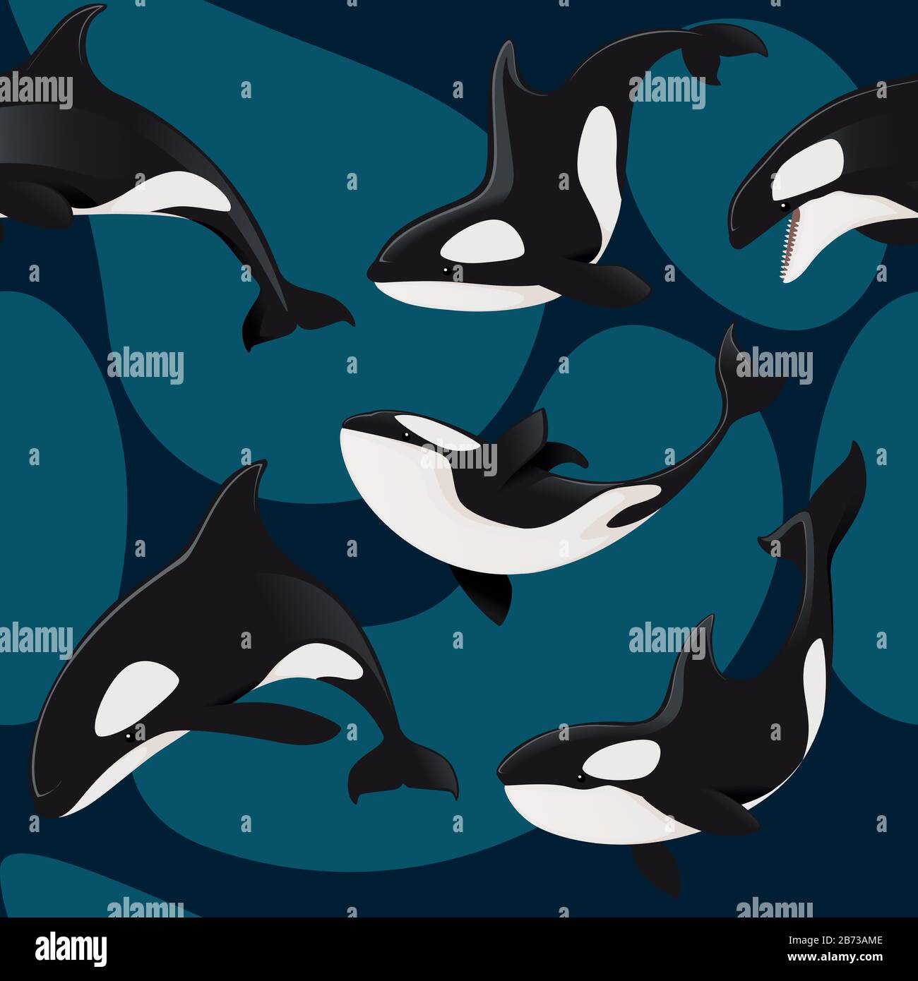 Disegno senza cuciture di orche killer orche cartoon animale disegno piano vettore illustrazione su sfondo blu. Illustrazione Vettoriale