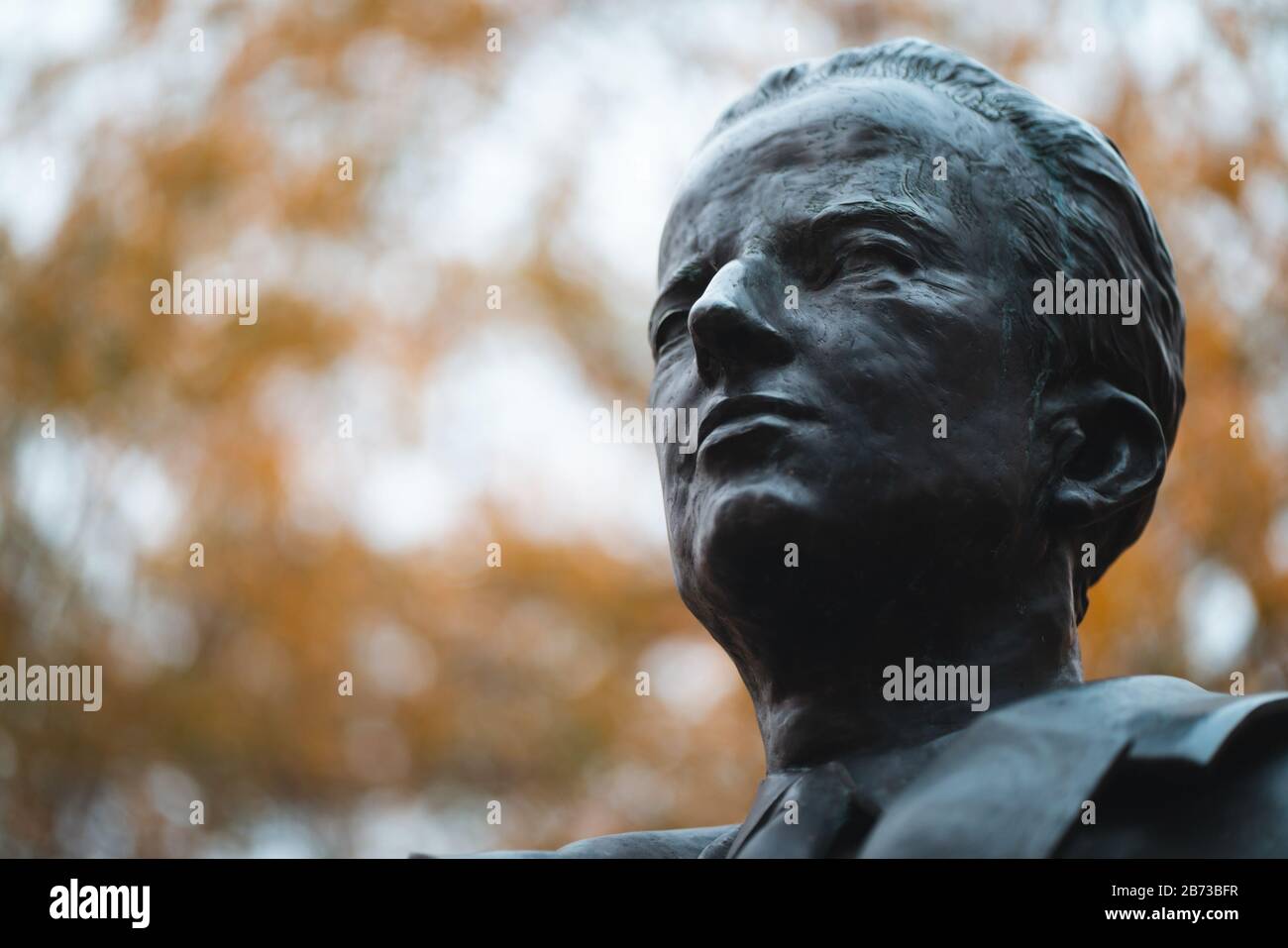 Statua di busto del re Baudouin (Koning Boudewijn - Roi Baudouin) del Belgio con sfondo autunnale Foto Stock