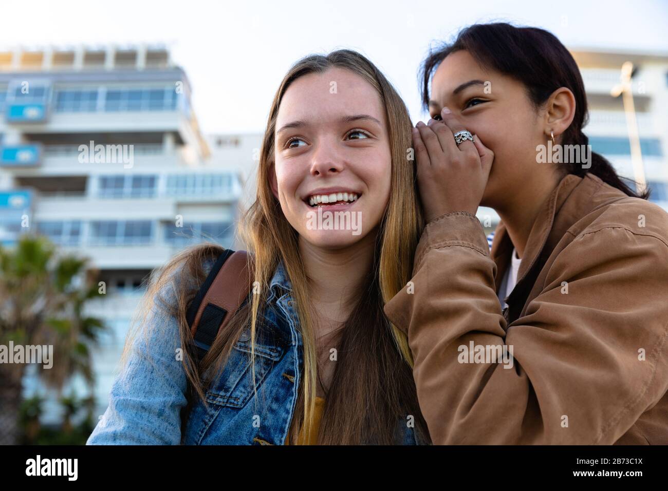 Vista frontale della ragazza che dice un segreto al suo amico Foto Stock