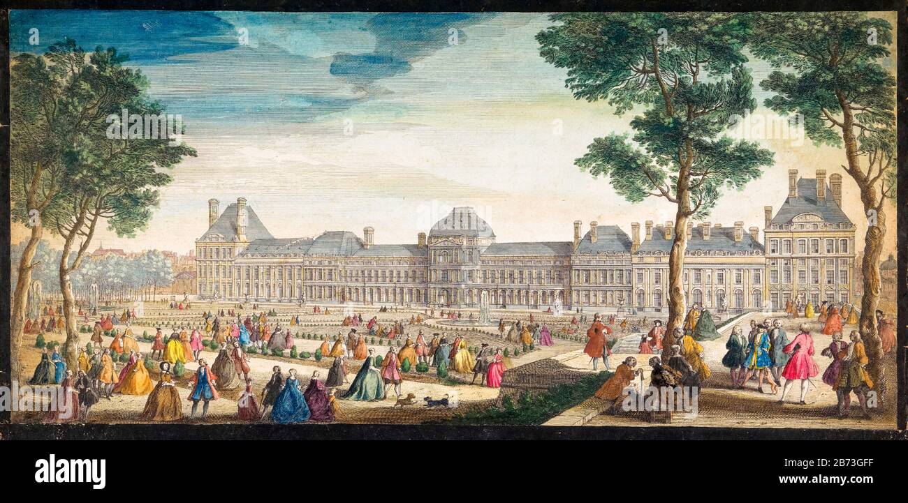 Vista del Palais des Tuileries, Parigi visto dal Jardin des Tuileries, 18th secolo illustrazione di Jacques Rigaud, circa 1691 a dopo 1753 Foto Stock