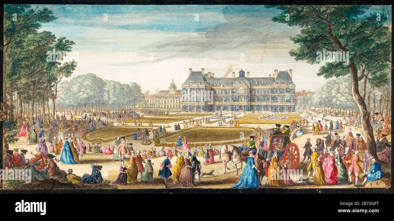 Vista del Palais du Luxembourg, Parigi, vista dai giardini, illustrazione del 18 ° Secolo di Jacques Rigaud, 1729 Foto Stock