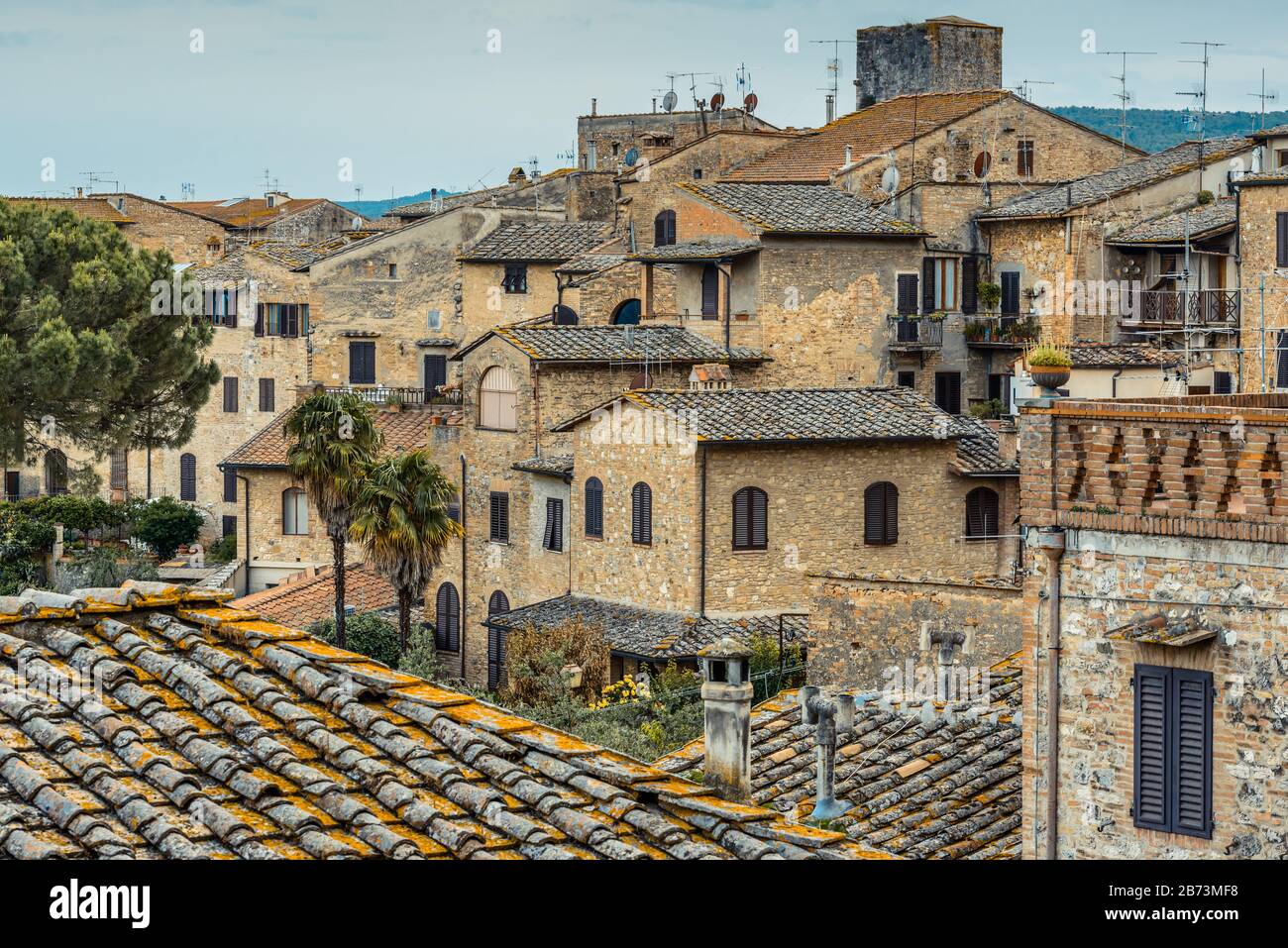 Case tradizionali e tetti di San Gimignano, provincia di Siena, Toscana, Italia, nel pomeriggio di maggio. Foto Stock